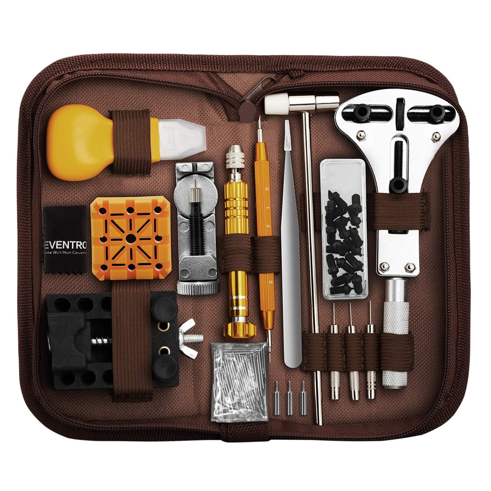 Eventronic Watch Repair Kit, Watch Link Removal Tool, Watch Battery Replacement Tool, Watch Back Case Opener, Spring Bar Tool Set with Brown Bag, Suitable for Battery Replacement and Strap disassemble