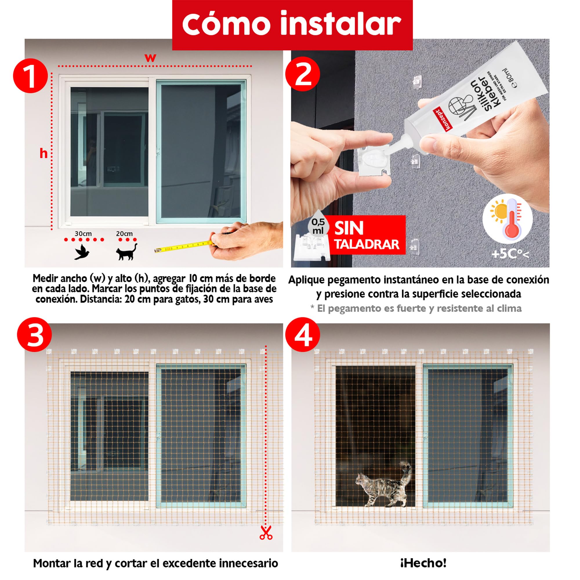 Konzept 11 Ganchos red gatos 70 u. con adhesivo 60 ml, ideales para redes de balcón, color transparente, sin necesidad de taladrar, para uso en exteriores e interiores.