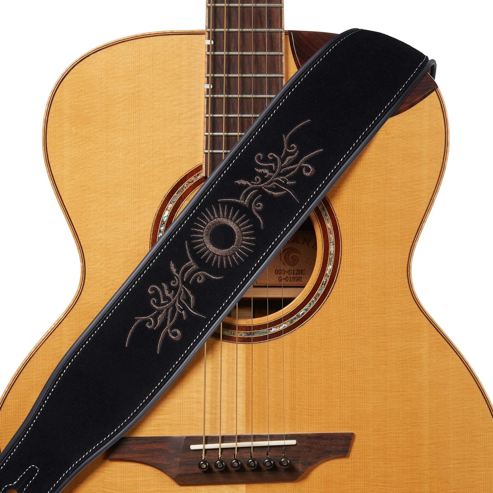 AmumuGuitar Strap Embroidered Suede Leather for Acoustic Giutar, Electric Guitar and Bass Guitar -Black