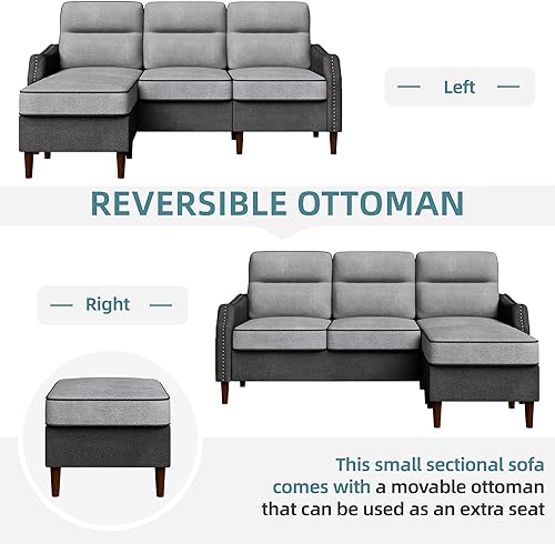 Miniatura 7 de JAMFLY Sofá modular en forma de L de 78 pulgadas con bolsa de almacenamiento lateral, sofá convertible con diván reversible y decoración de remaches