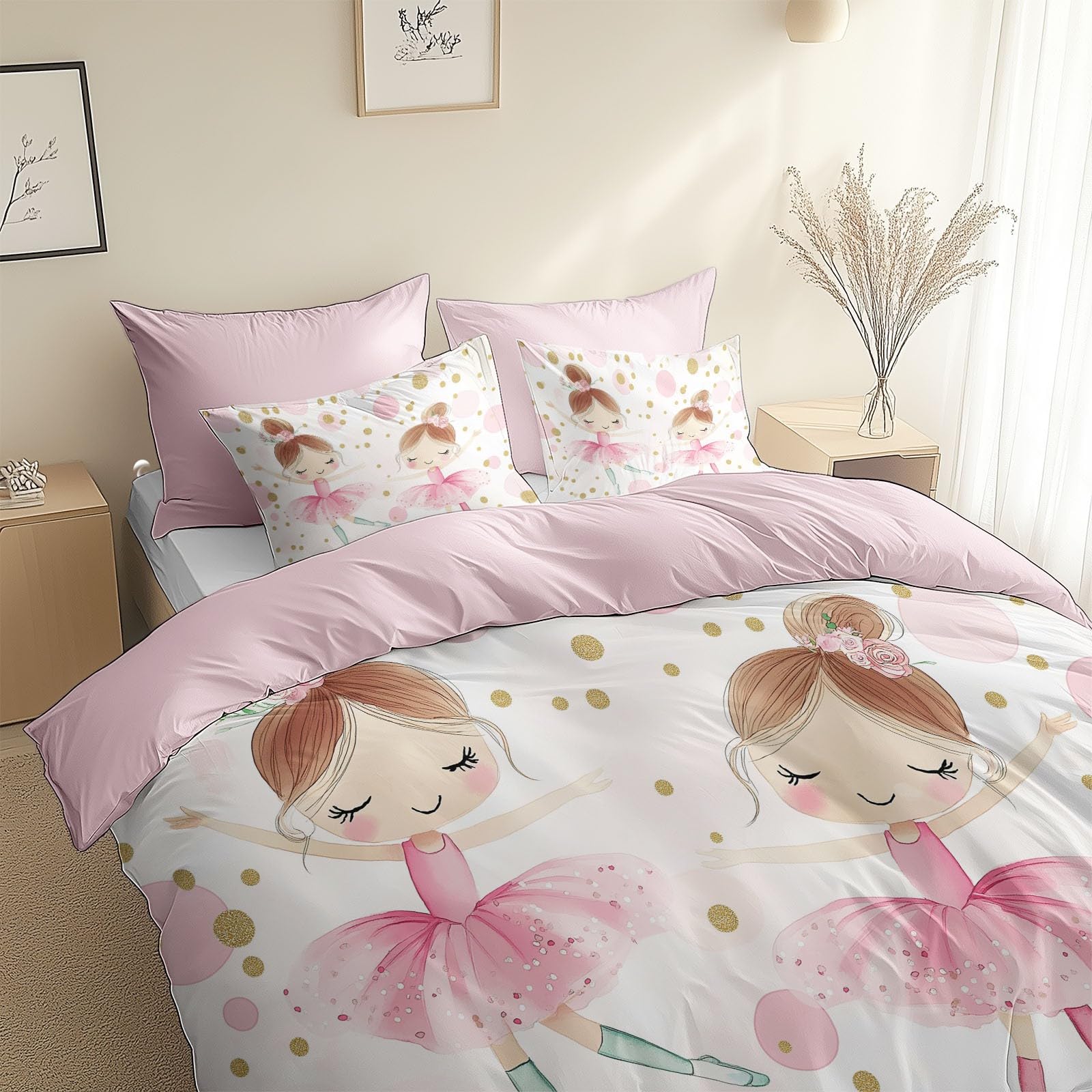 Housse de couette blanche et rose 160x200 cm avec zip pour un lit deux personnes douillet et calme