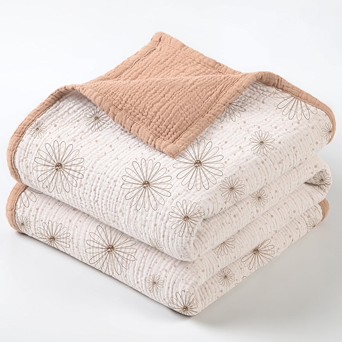 Lulu Moon婴儿纱布毛毯 - 桃粉色雏菊儿童毯