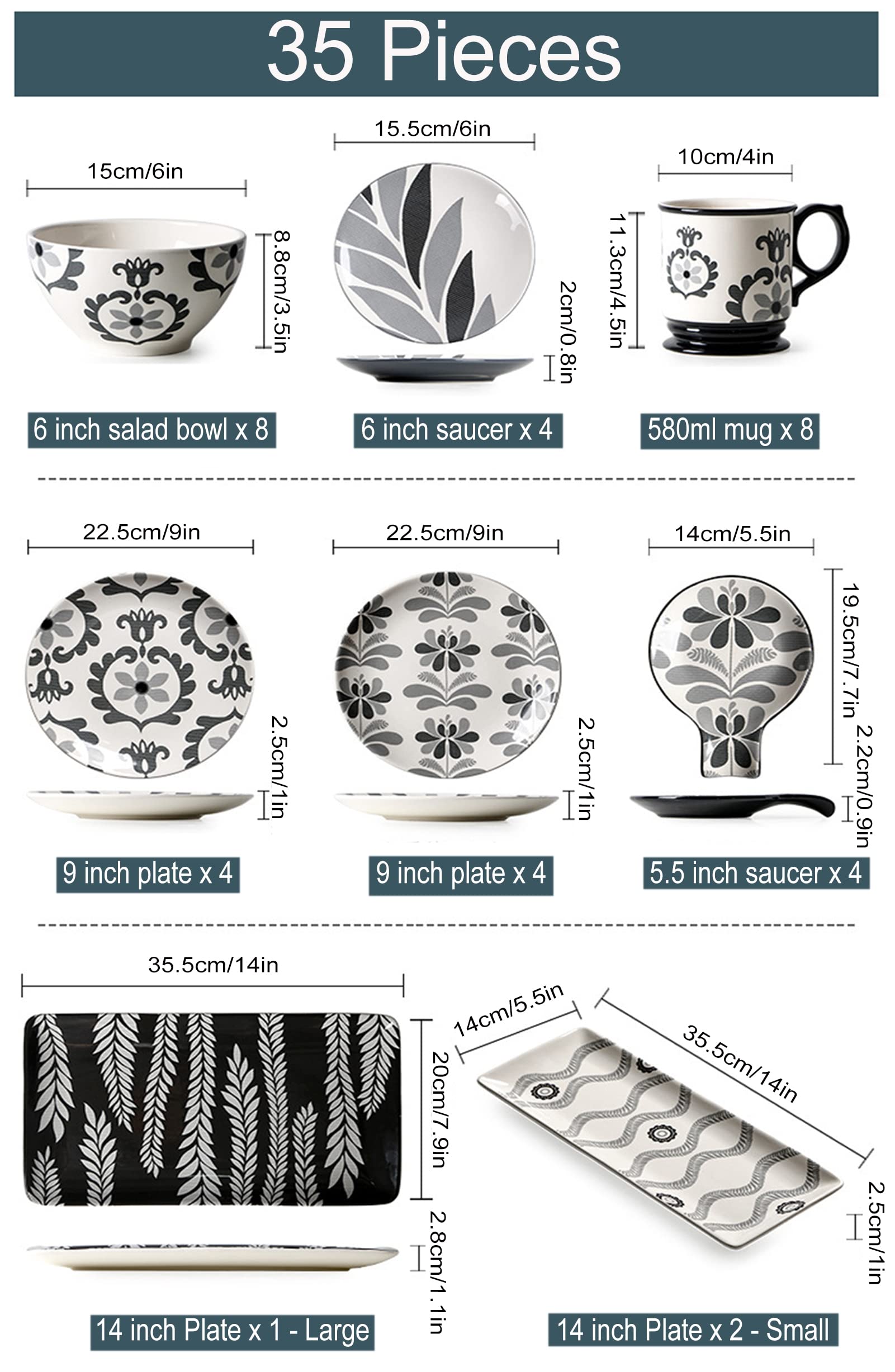 35-częściowy zestaw naczyń z porcelany, kompletny zestaw dla 8 osób, zestaw naczyń z talerzami, kubkami i miskami, nadaje się do kuchenki mikrofalowej i zmywarki