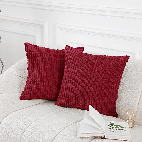 Miniatura 2 de HWY 50 Juego de 2 fundas de almohada decorativas de pana color burdeos de 20 x 20 pulgadas para sofá, sala de estar, cama, fundas de cojín cuadradas