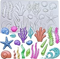 Vista 1 de Tema marino, concha, estrella de mar de coral, algas, algas marinas, fondant, artesanía de azúcar, decoración de pasteles, decoración de cupcakes