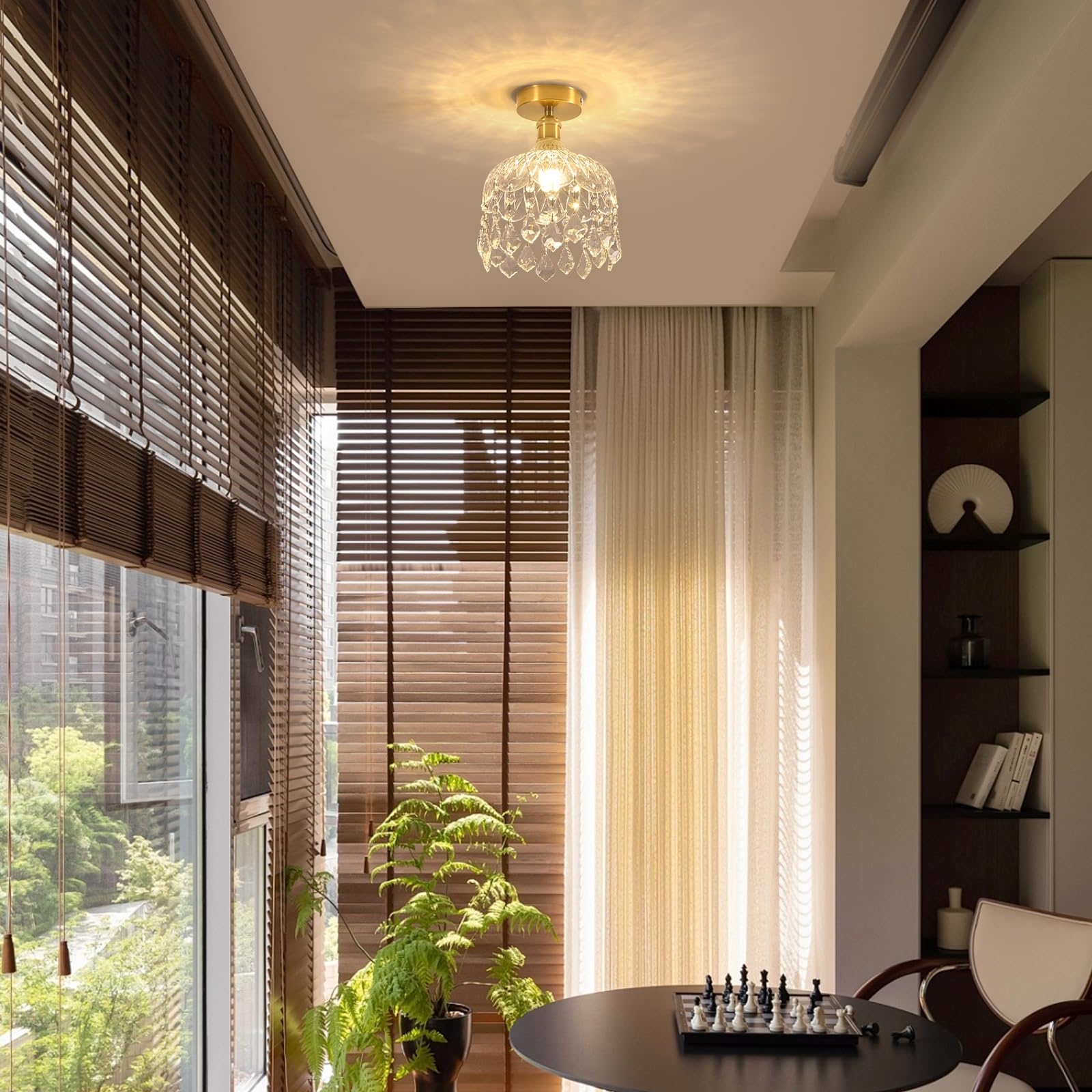 DELIPOP Lustre Plafonnier en Cristal, E14 Moderne Lampe de Plafond Design Cage, Doré Rétro Luminaire Plafonnier pour Chambre Salon Couloir Cuisine Salle à Manger