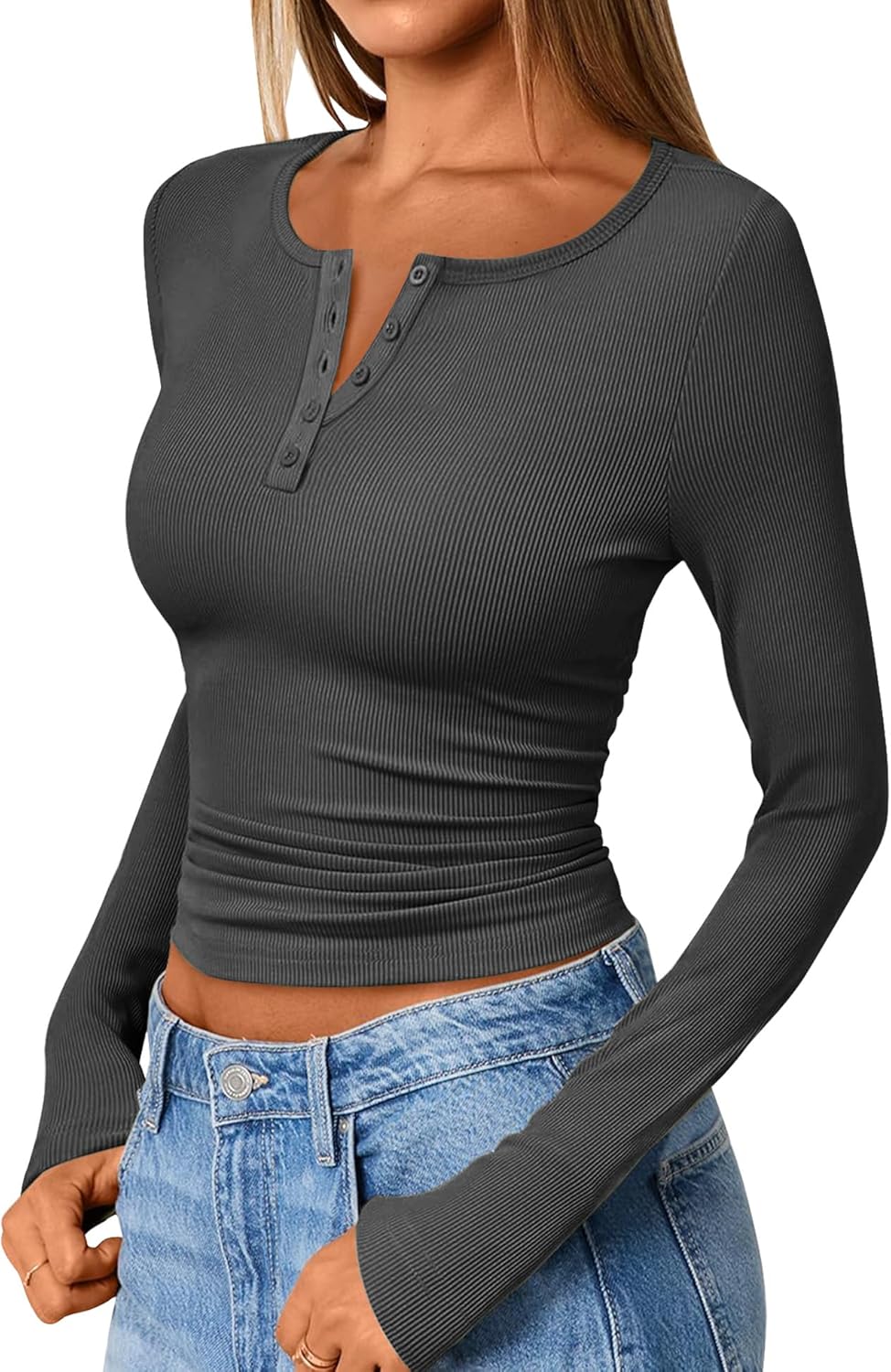 Long Sleeve Knit Tops - Women's Ribbed Henley Shirts V Neck Button Down Blouses Womens Casual Slim Fit Basic Tunic - Image 4
