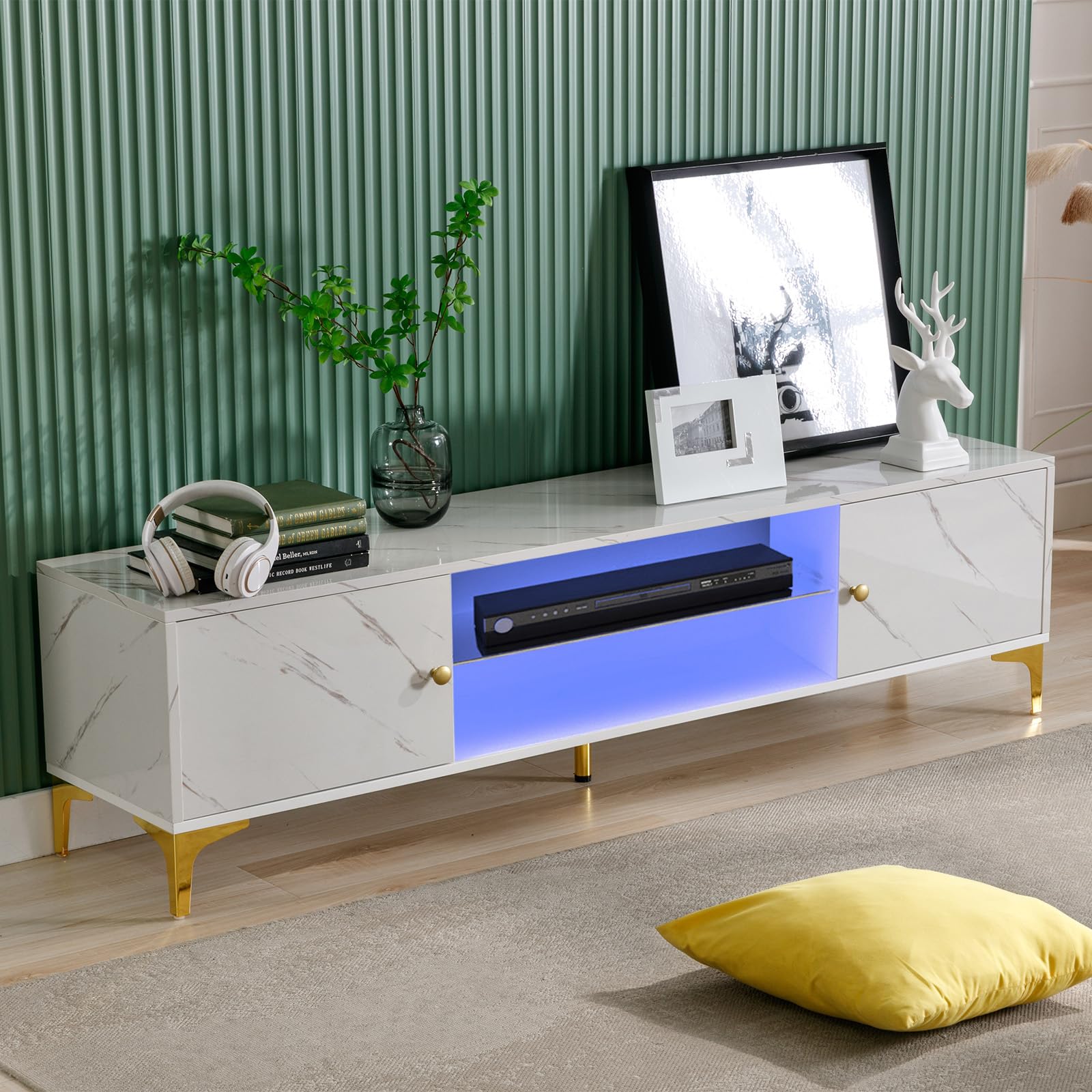 (similar)COSVALVE LED TV Stand for 60/65/70 inch TVs, Modern Entertainment Center with Storage Cabinet, TV Console Table with Open Shelf for Living Room, Bedroom, Game Room(Marble White)