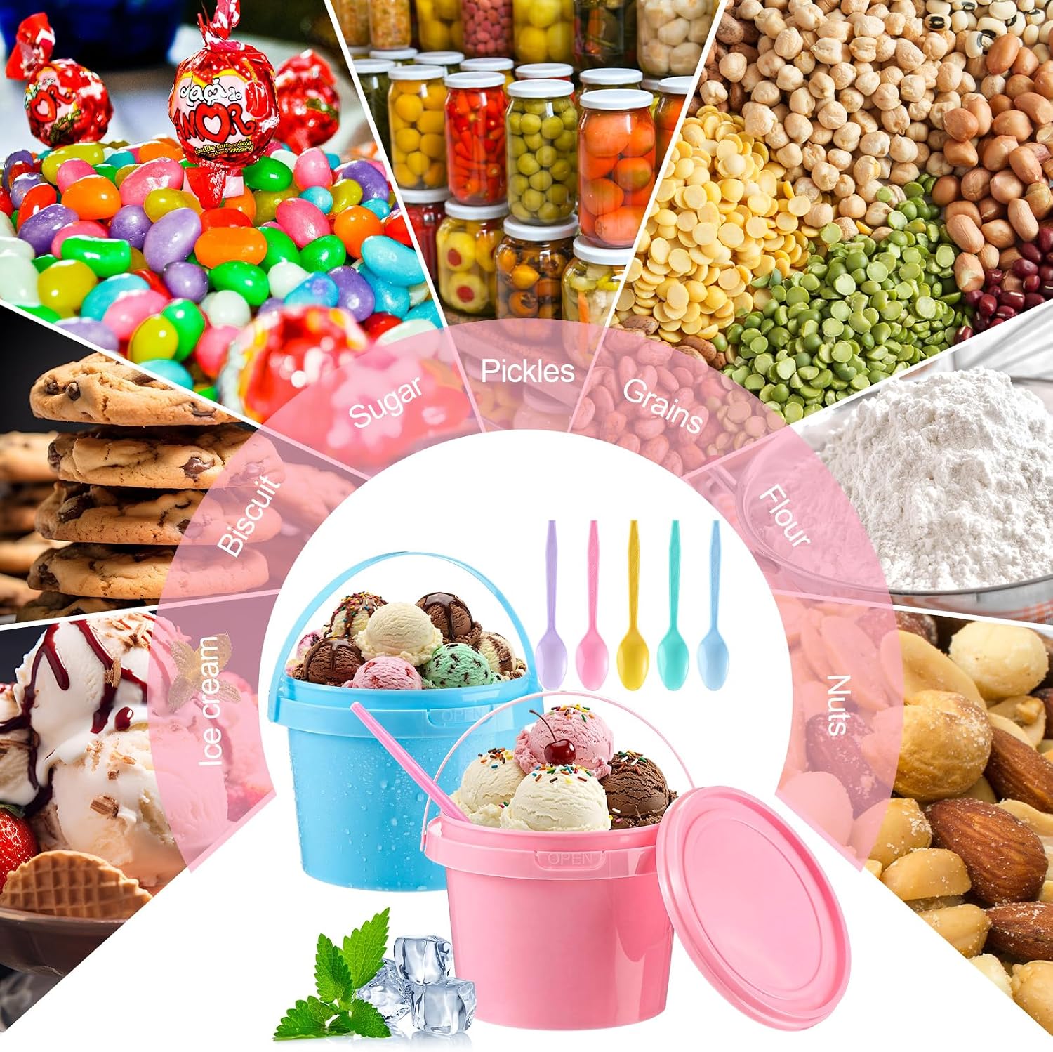 Ceenna 50 Pcs 10oz Ice Cream Bucket with Spoons Lids Handles Reusable Round Plastic Dessert Bucket Food Storage Container Multipurpose Pails Soup Cup for Deli Fruit Beverage Party Supplies, 5 Pastel