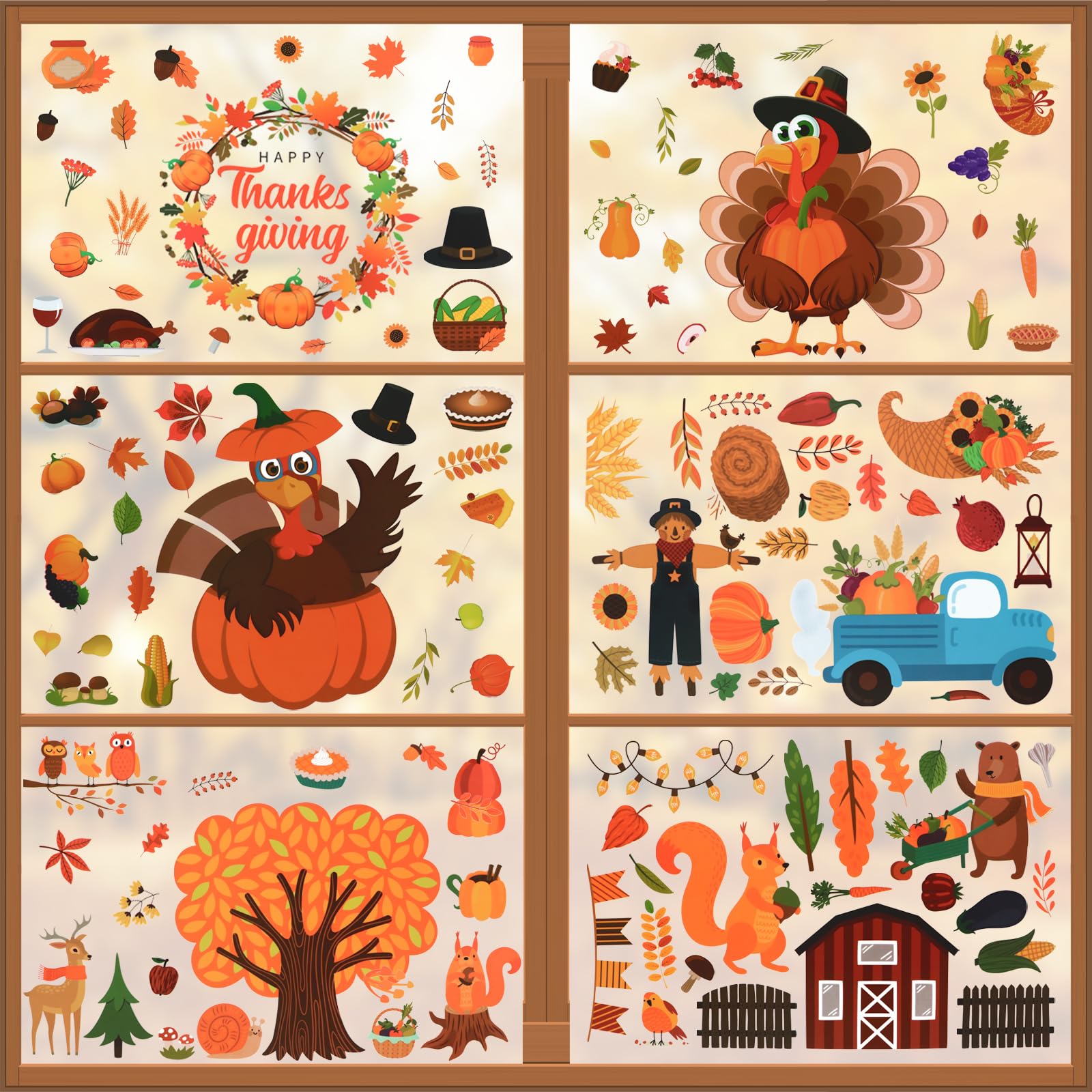 Autocollants de fenêtre Thanksgiving et automne dinde citrouille déco lot de 8 feuilles double face