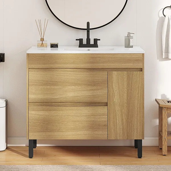 YITAHOME 36 Inch Bathroom Vanity with Ceramic Sink, Bathroom Cabinet Vanity for Media Space, Freestanding Storage Bathroom Vanity with 1 Soft Closing Cabinet & 2 Drawers, Natural Brown 36 In
