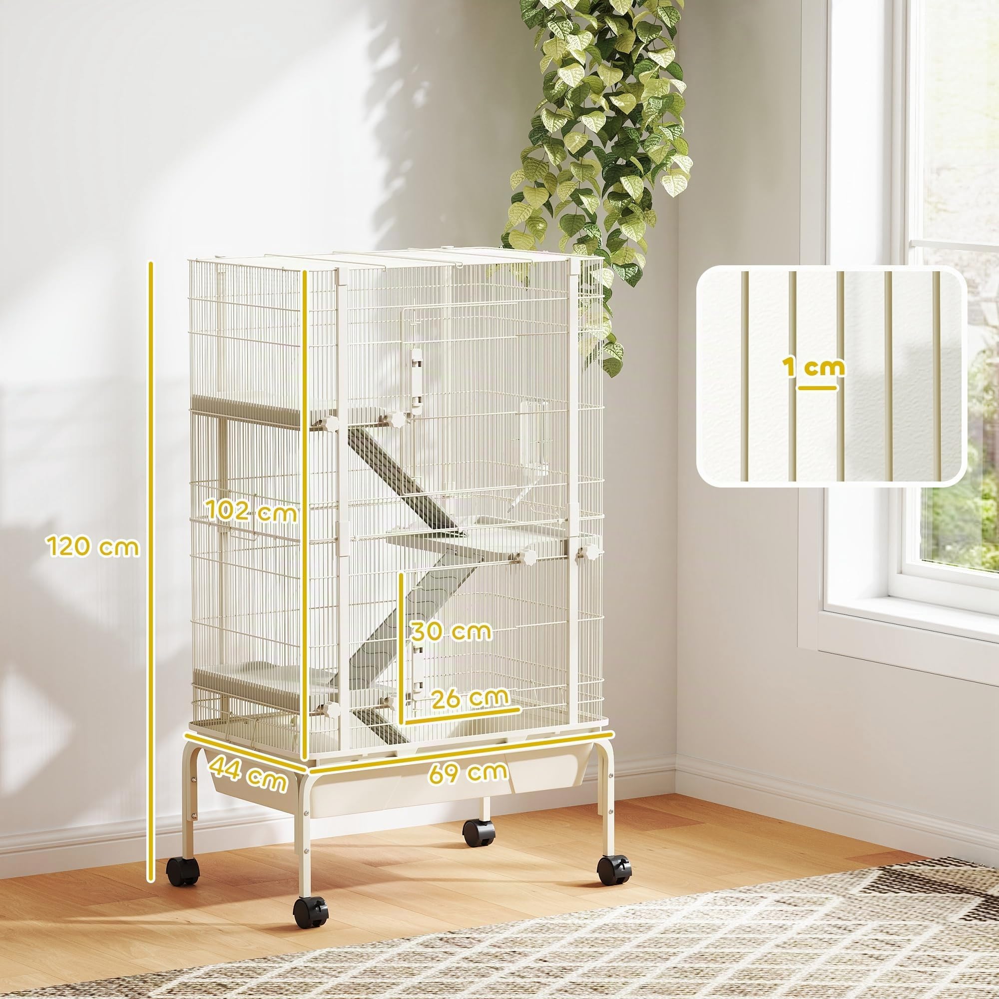 PawHut Cage Enclos Lapin à 4 Niveaux, 2 Portes 69 x 44 x 120 cm Beige | Parc Lapin pour Furets et Chinchillas, 3 Rampes, Plateau Profond de 15 cm, Roulettes, Bouteille d'Eau, Gamelle