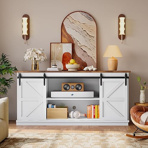 Miniatura 3 de YESHOMY Soporte de TV para televisores de hasta 65 pulgadas, con puertas correderas de granero y 4 cajones de almacenamiento, mesa consola y muebles