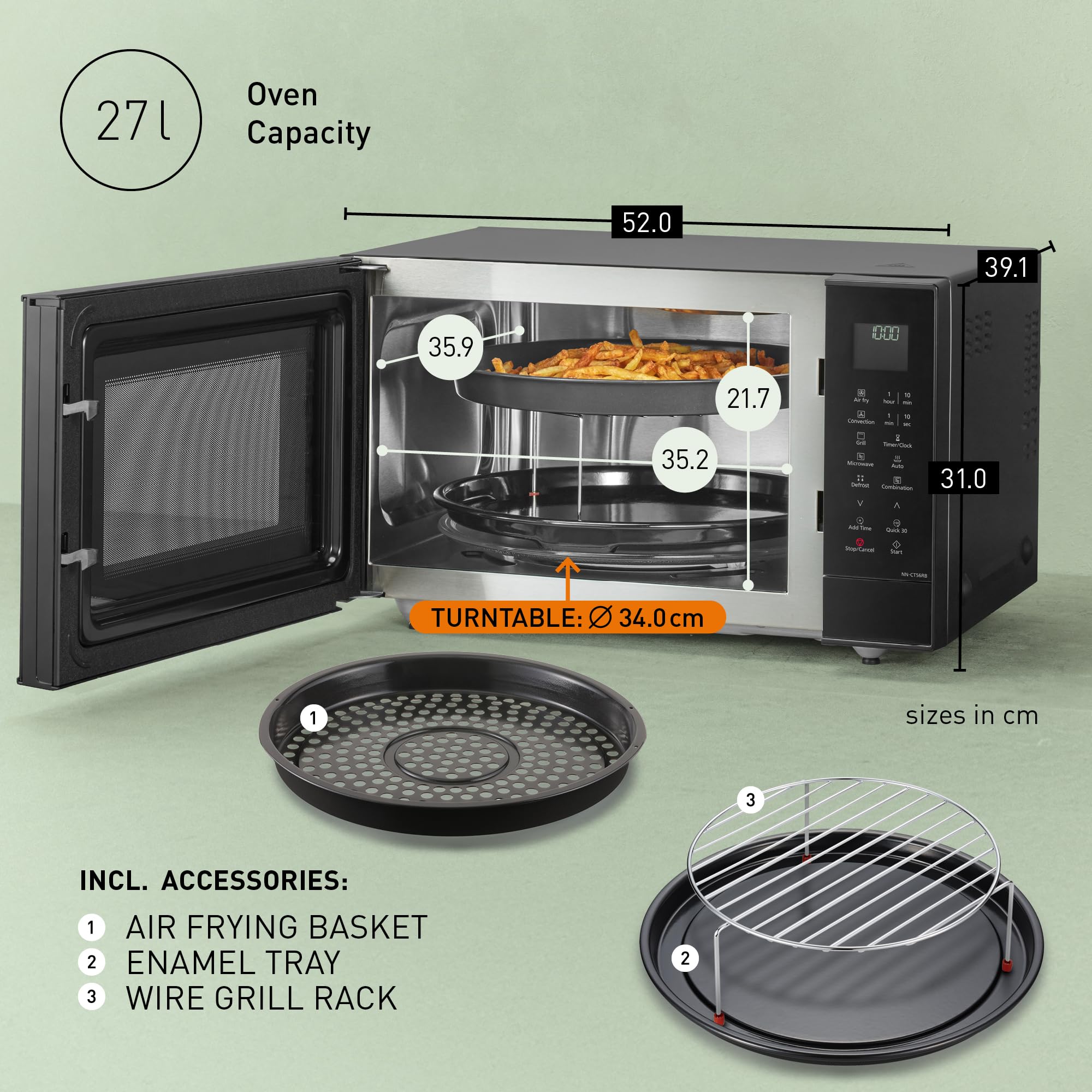 Panasonic NN-CT56RBEPG 27 l kuchenka mikrofalowa kombi 4 w 1 z Airfryer, inwerter 1000 W, 19 automatycznych programów, grill konwekcyjny, oszczędność miejsca, smukła konstrukcja, czarna