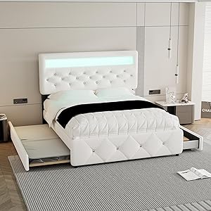 Kebnor Cama Tapizada 140 x 200 cm (90 x 190 cm), Doble Con Podio y 2 Cajones, Mesita de Noche Con Barra de Luz (Blanco)