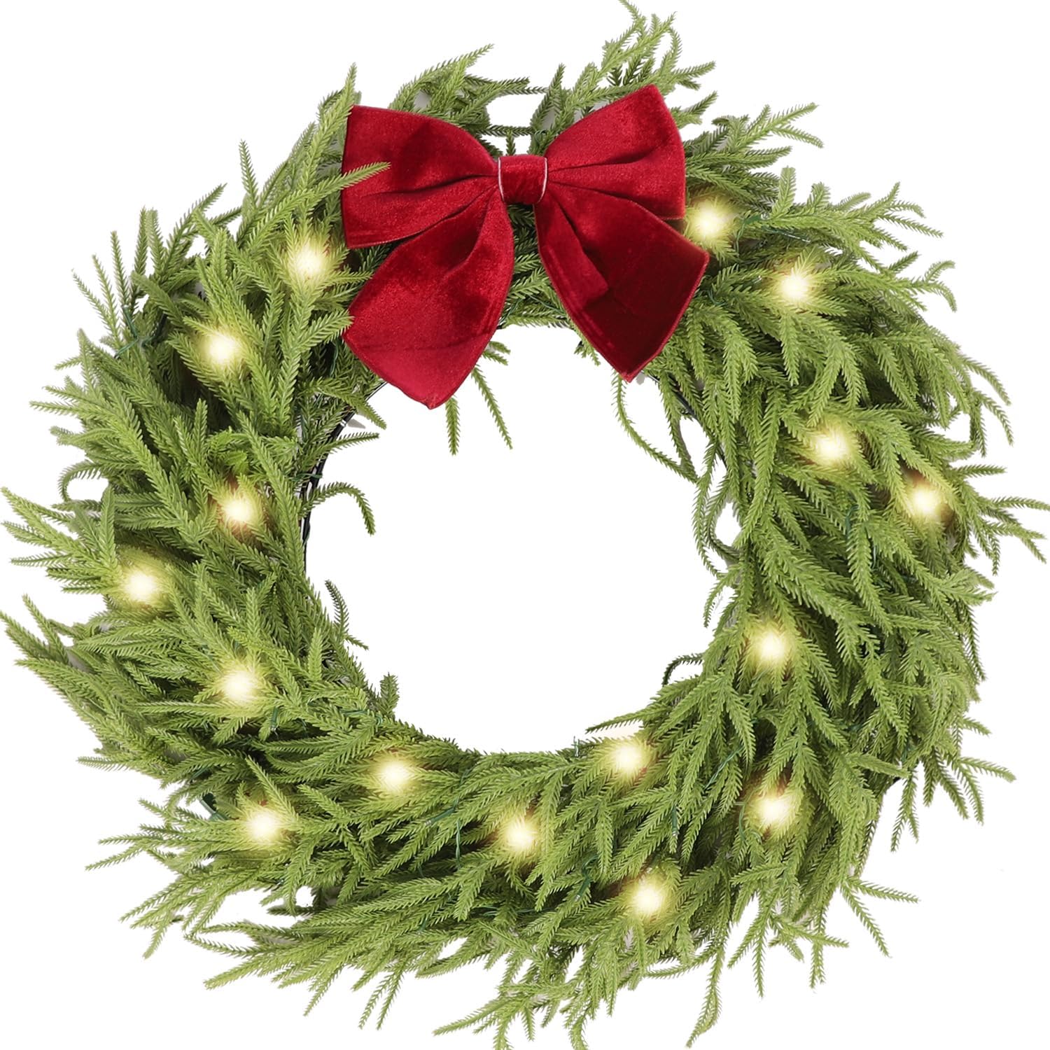 30 Inch Christmas Wreaths for Front Door with Lights,Lighted Norfolk Pine Door Wreath,Prelit Real Touch Artificial Green Winter Wreath with Large Burgundy Velvet Bow for Indoor Outdoor Decor 2-norfolk Pine Wreath 30 Inch