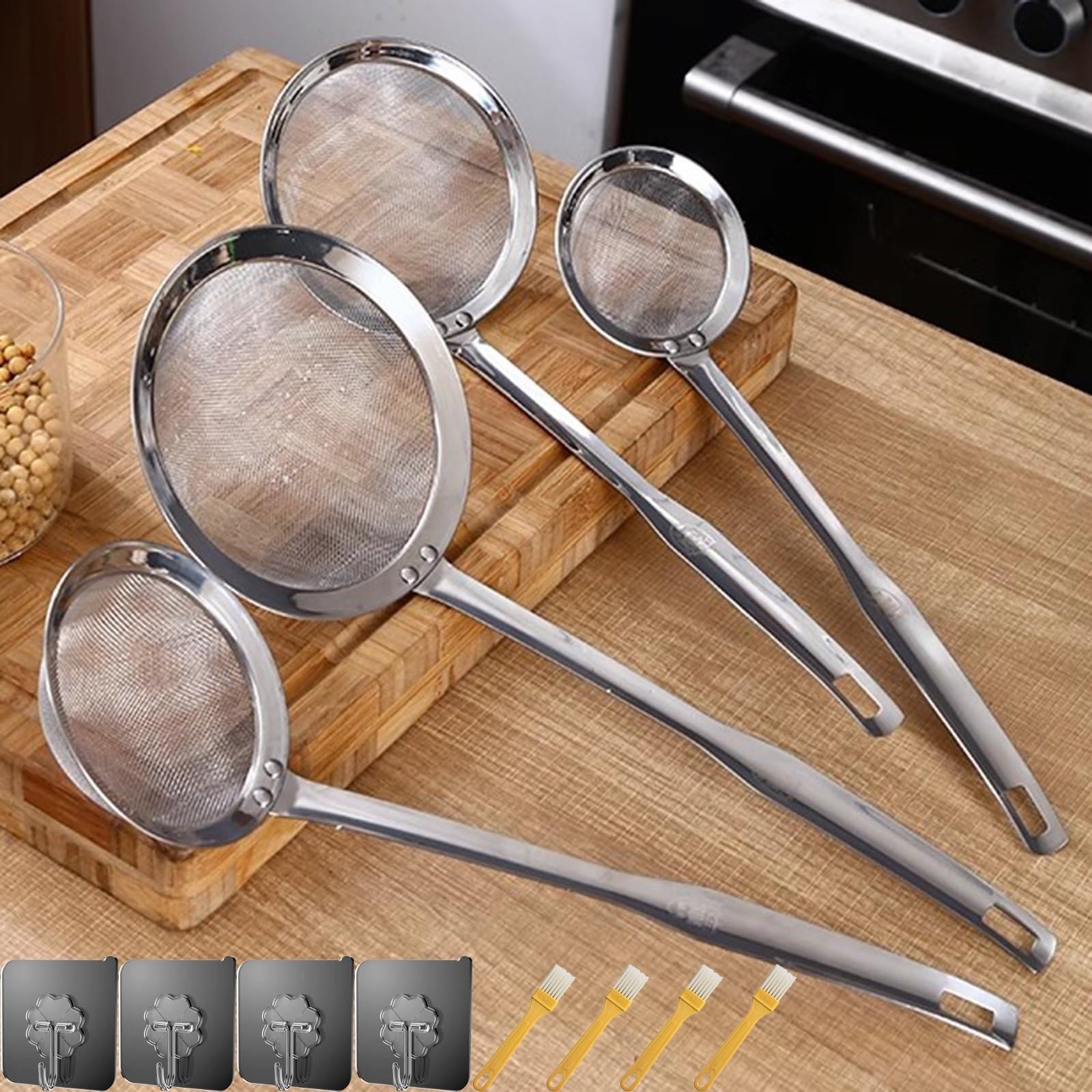 Set di 4 colini da cucina in acciaio inox (8,5/10/12/14 cm) con manico rinforzato filtro cucchiaio per scolare o scolare