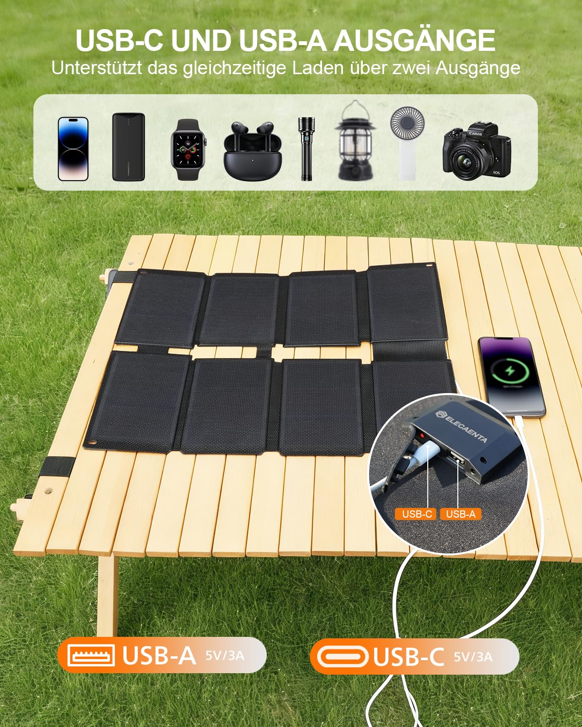 ELECAENTA 25W HPBC ETFE Faltbares Solar Ladegerät, Taschenformat Mini Solarpanel mit USB-A & USB-C, IP68 Wasserdicht für Outdoor, Camping, Wandern, Kompatibel mit Handy, Tablets, Powerbank
