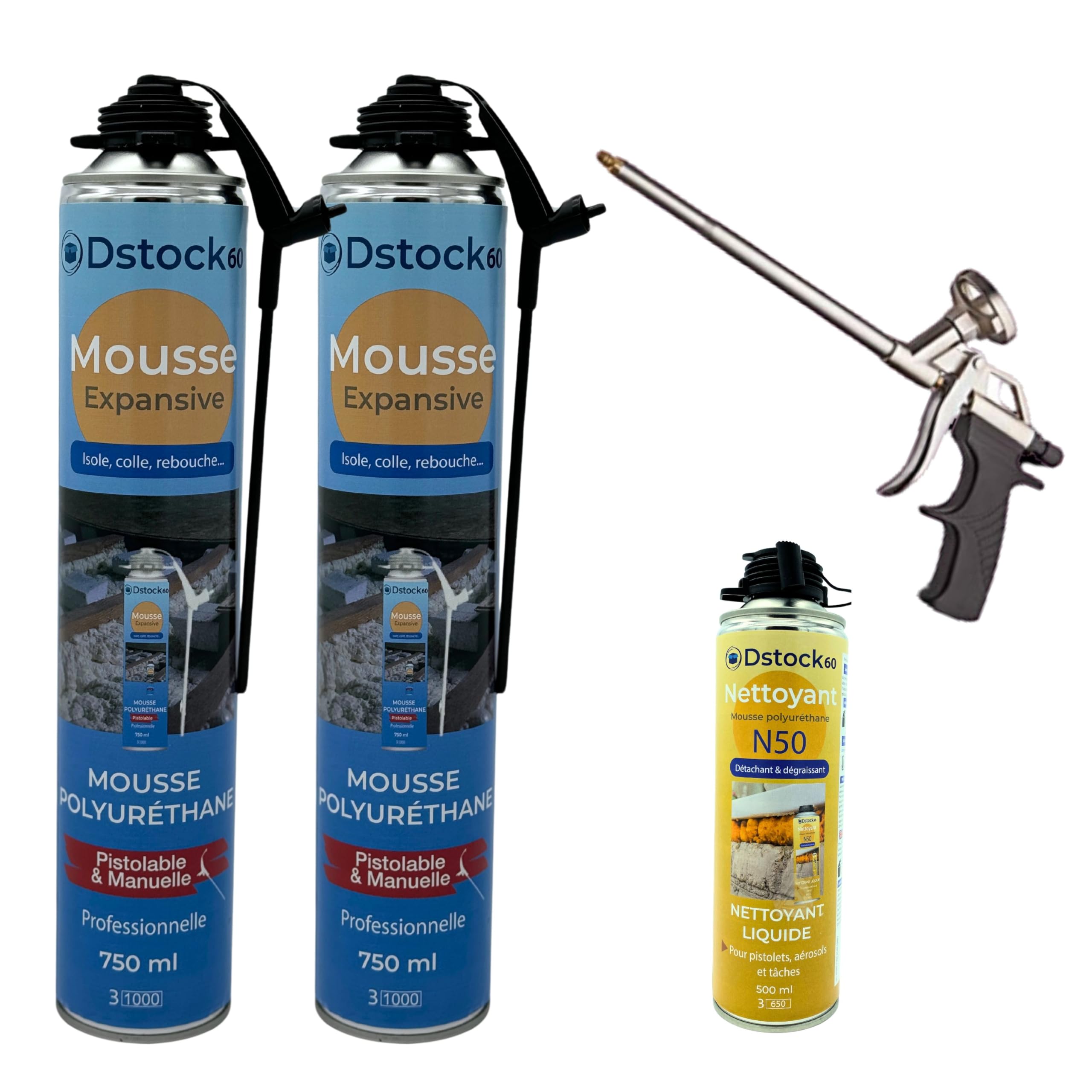 DSTOCK60 - Mousses expansives manuelles et pistolables 750 ML + 1 Nettoyant Mousse + 1 Pistolet - Mousse polyuréthane Professionnelle - Isole, Colle et rebouche - Extérieur et intérieur