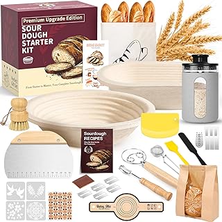 Deluxe Sourdough Starter Kit with Wood Pulp 9" Round & 10" Oval Bannetons & Personalized 34 oz Sourdough Starter Jar Air Flow Lid, Bread Sling Scrapers & Bag Complete Sourdough Bread Baking Supplies