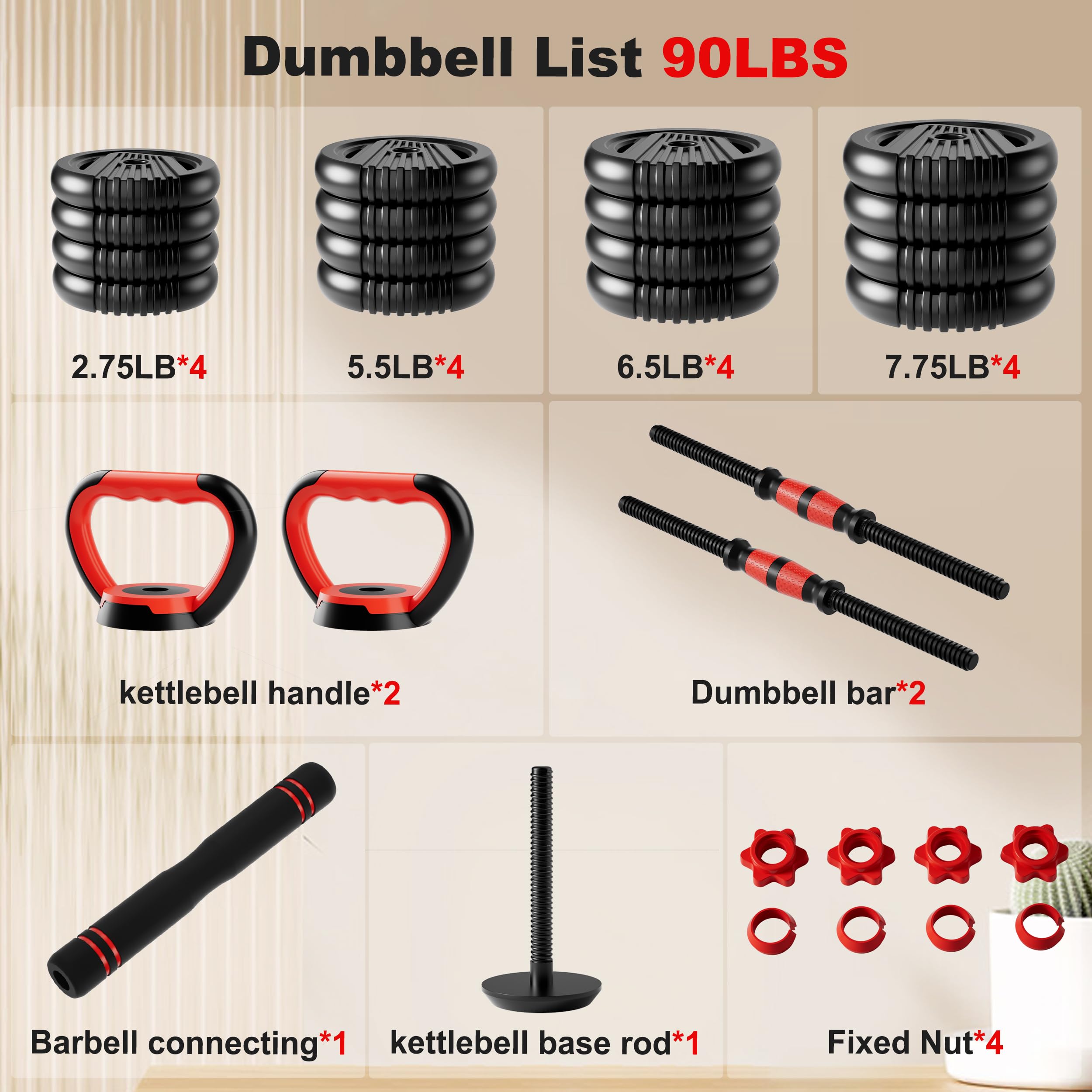 Adjustable Dumbbell Set,20/30/45/70/90lbs Free Weight with Connector | 5 in1 Dumbbells Set Used as Barbell, Kettlebells, Push up Stand,Weight Plate, Fitness Exercises for Home Gym