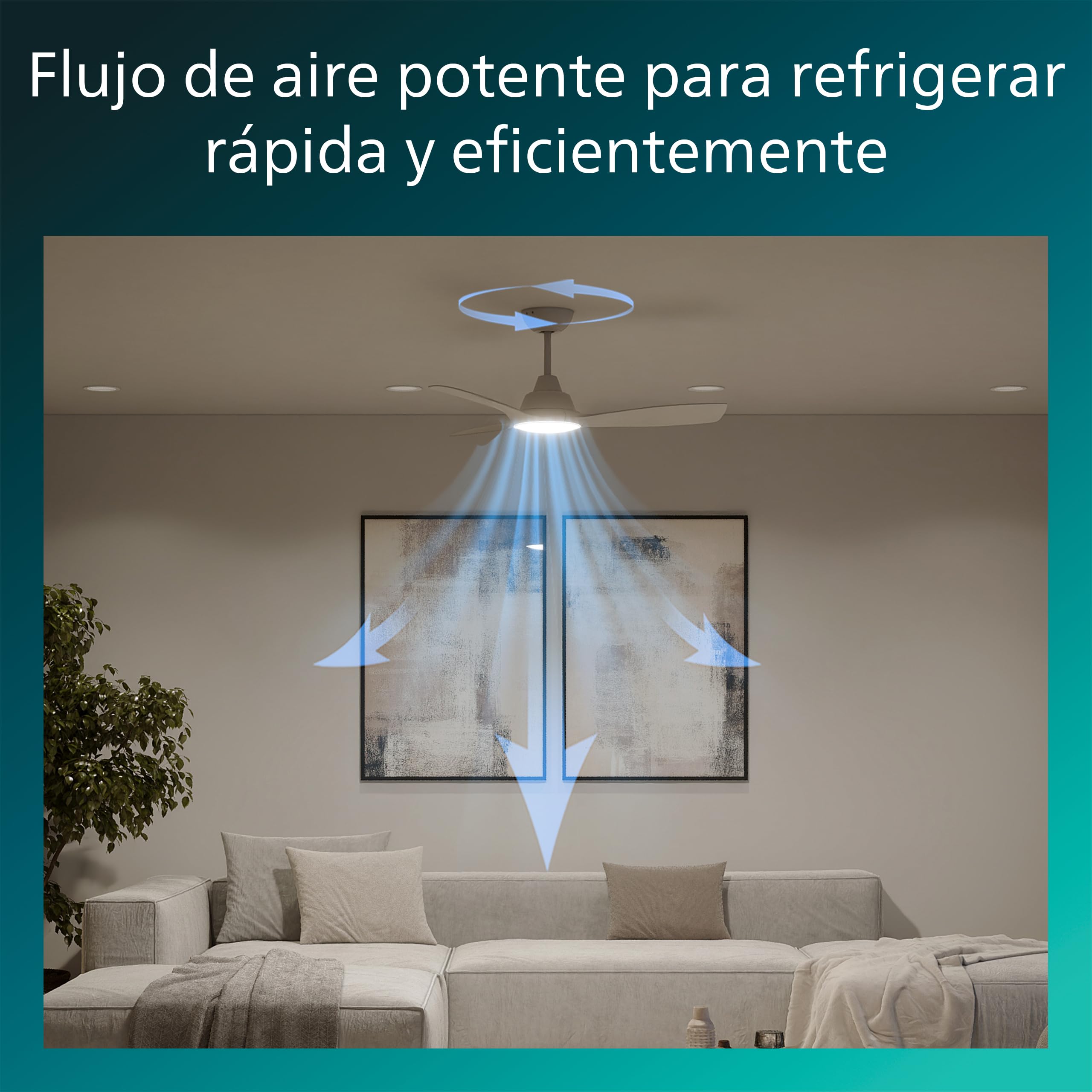 Philips Olas Ventilador de Techo con Luz LED, 3 aspas Fijas, Diámetro 107 cm, 2650 Lúmenes, Luz Blanca Ajustable de 3000 K a 6500 K, Regulable al 5%, Mando a Distancia Incluido, Blanco