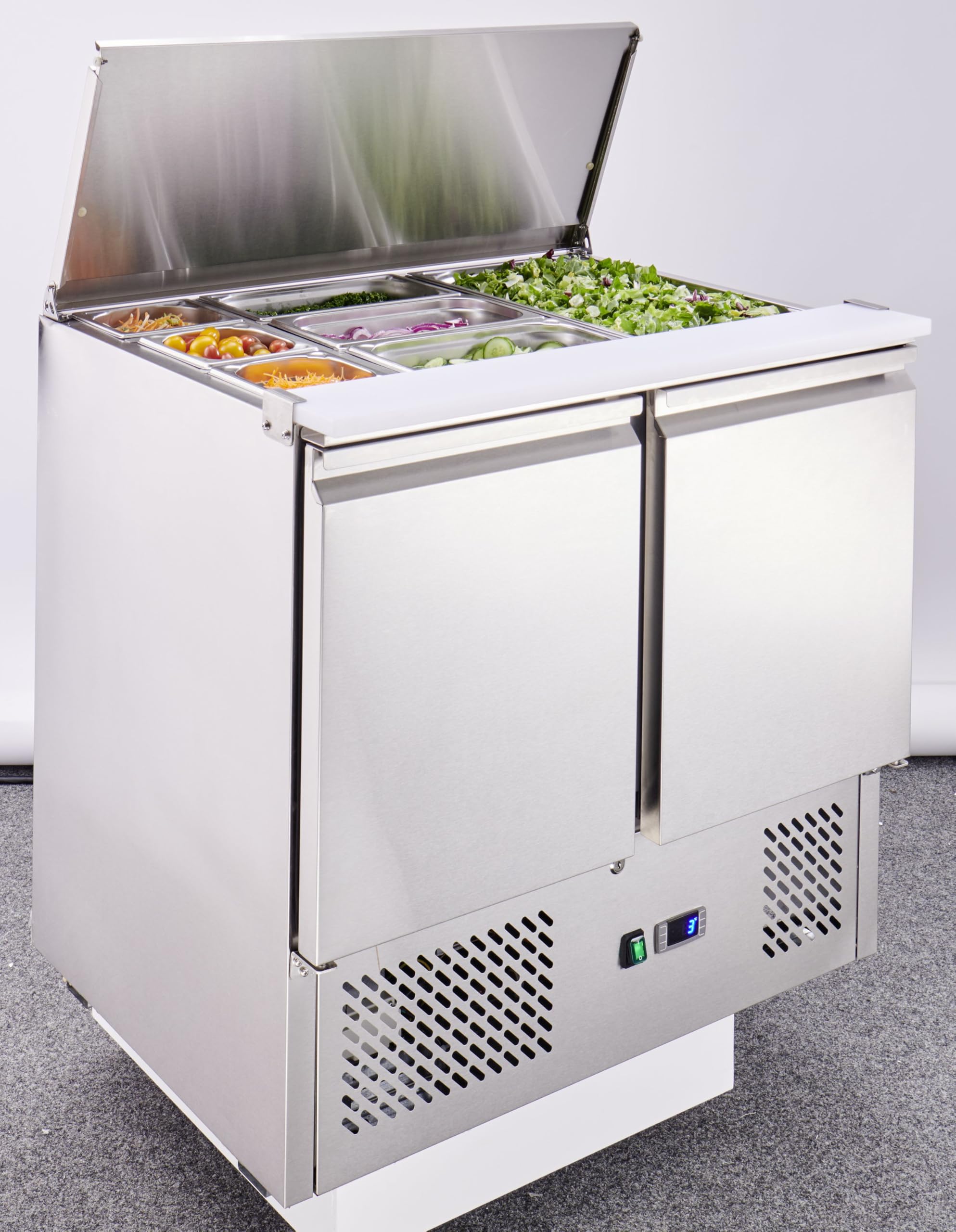METRO Professional Saladette refrigerata GSA3600GN, acciaio inox, 90 x 70 x 88.8 cm, 239 L, con 10 vaschette GN, con serratura, argento (Con vaschette GN)