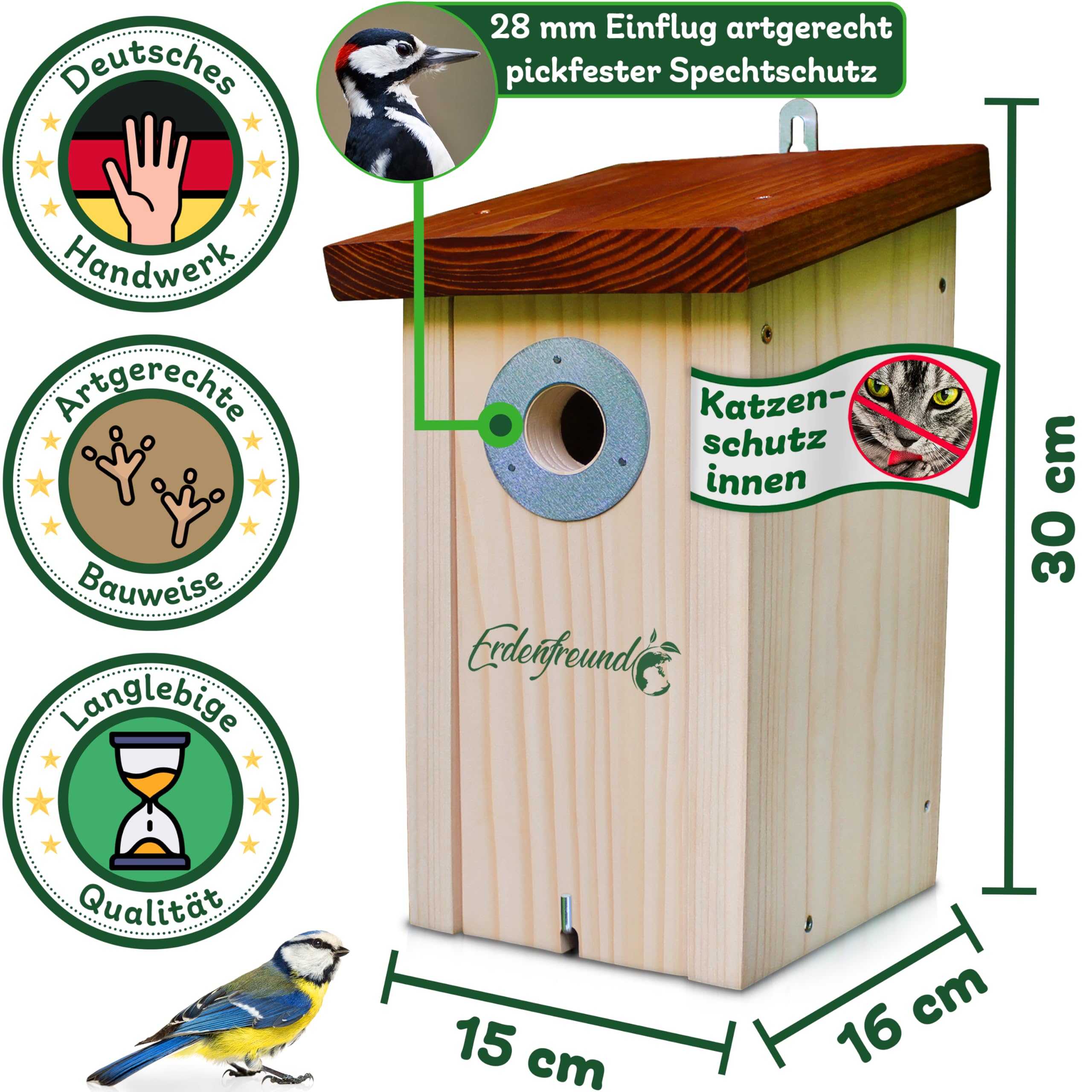 ERDENFREUND® Meisen Nistkasten 28mm Katzen-/Marderschutz innen Nistkasten für Vögel mit pickfestem Spechtschutz aus rostfreiem Metall