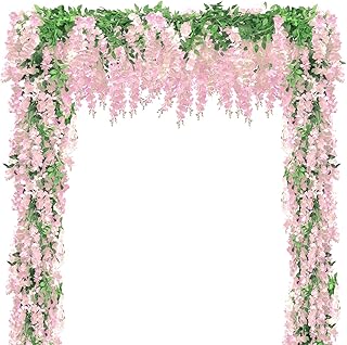 Findosom Wisteria Artificial Flowers Garland, 5Pcs Total 36FT Pink Wisteria Hanging Flowers, Flower Garland Decorations for Home Garden Outdoor Ceremony Wedding Arch Decoration