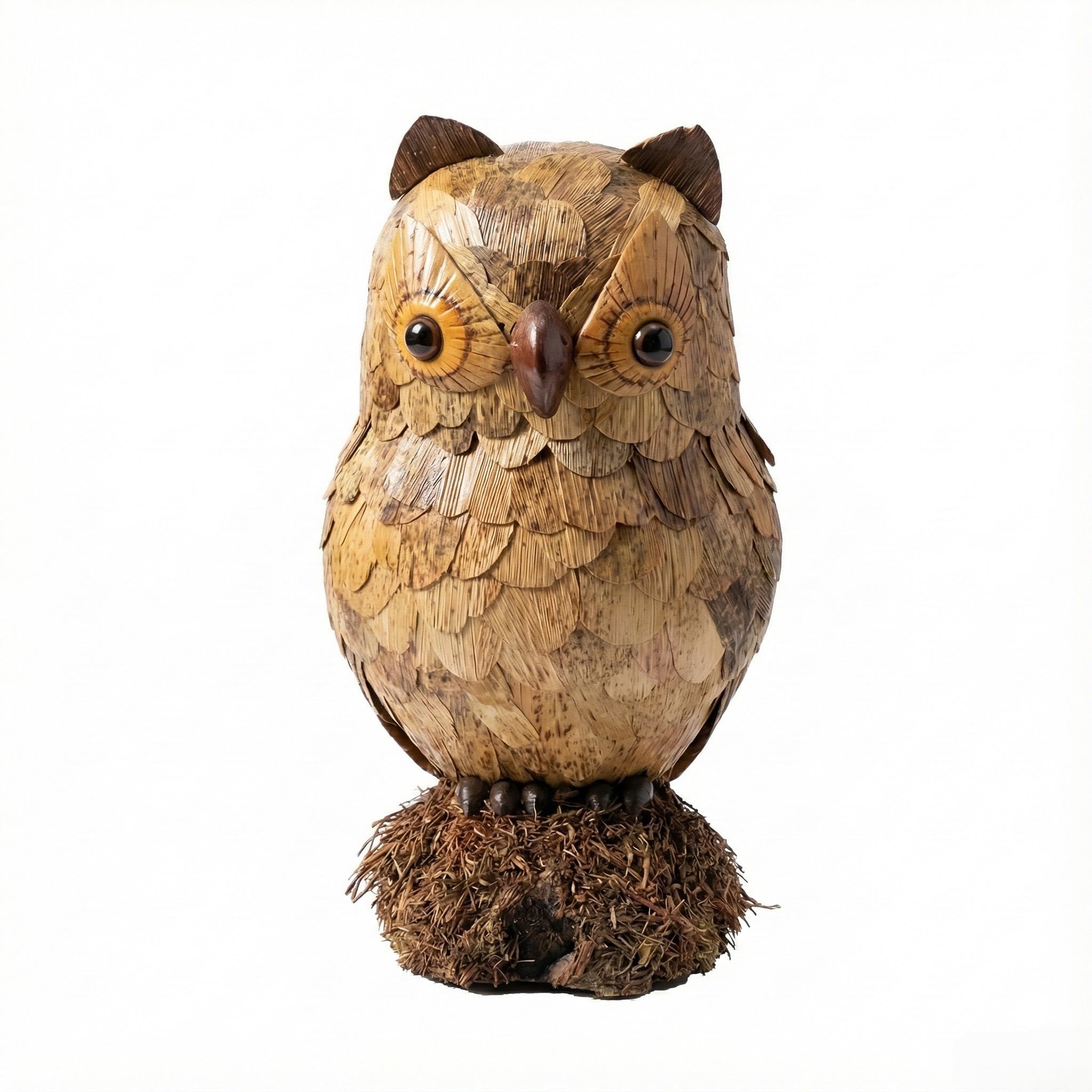“Sovereign of The Bamboo Grove” Owl Statue – A Masterwork in Bamboo Shoot Shell & Woven Bamboo for Mantel & Library, on Natural Root Base, 11.8″H
