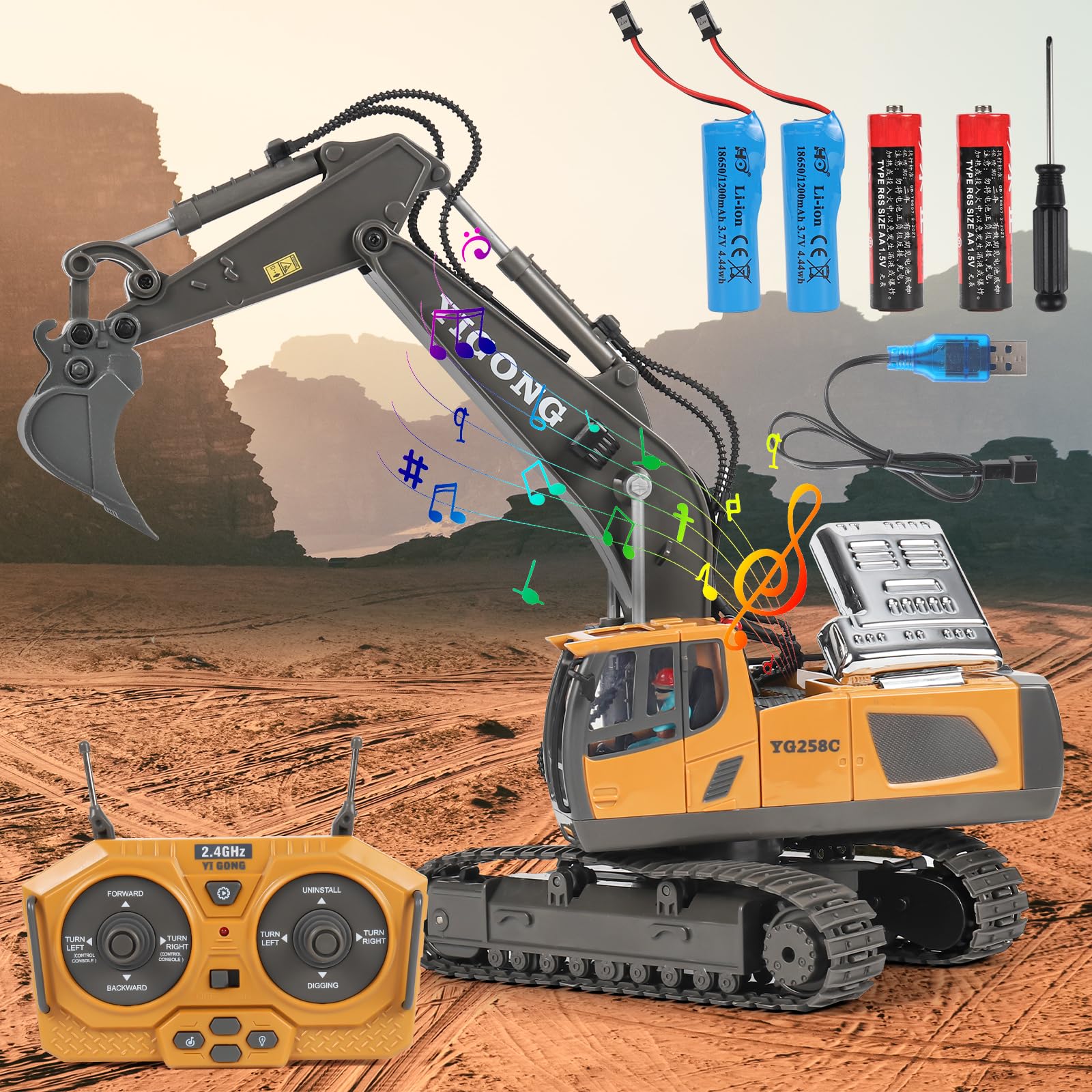RC Escavatore, Escavatore Radiocomandato per Bambini, Giocattolo da Costruzione Telecomandato, rotazione a 680°, luce ed effetti sonori, regalo di compleanno ragazzo 6 7 8 9 10 11 12 anni