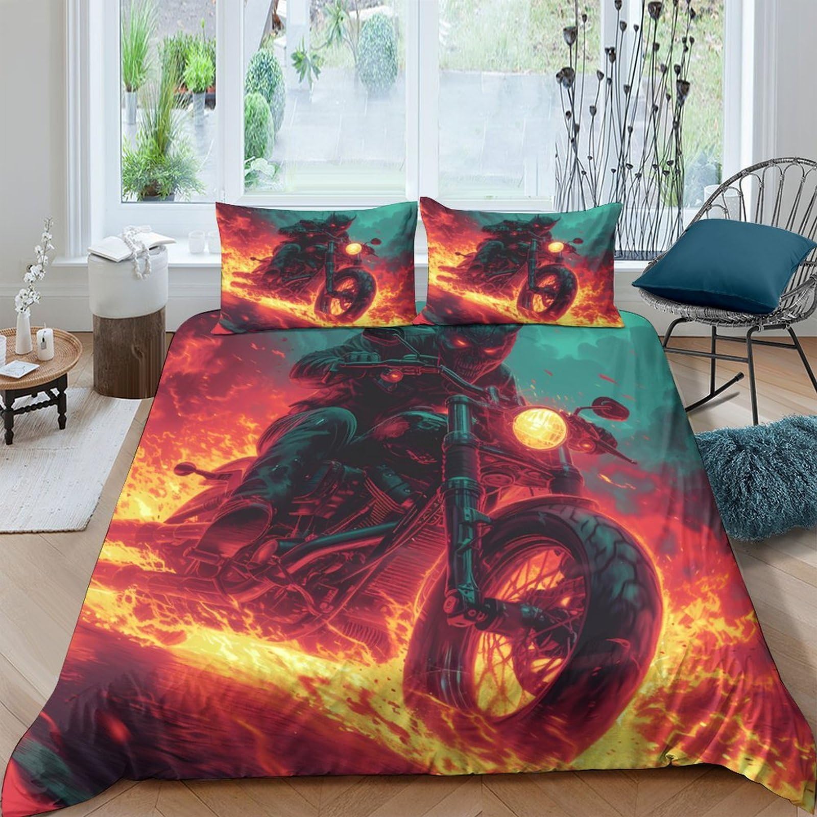 Ctjqhvkz Style-1 3D Printed Flaming Motorcycle Fitted Sheet Microfiber Soft Vibrant Fire Bed Cover For Bedroom Dorm Mattress Protection Decor Single（135X200cm）