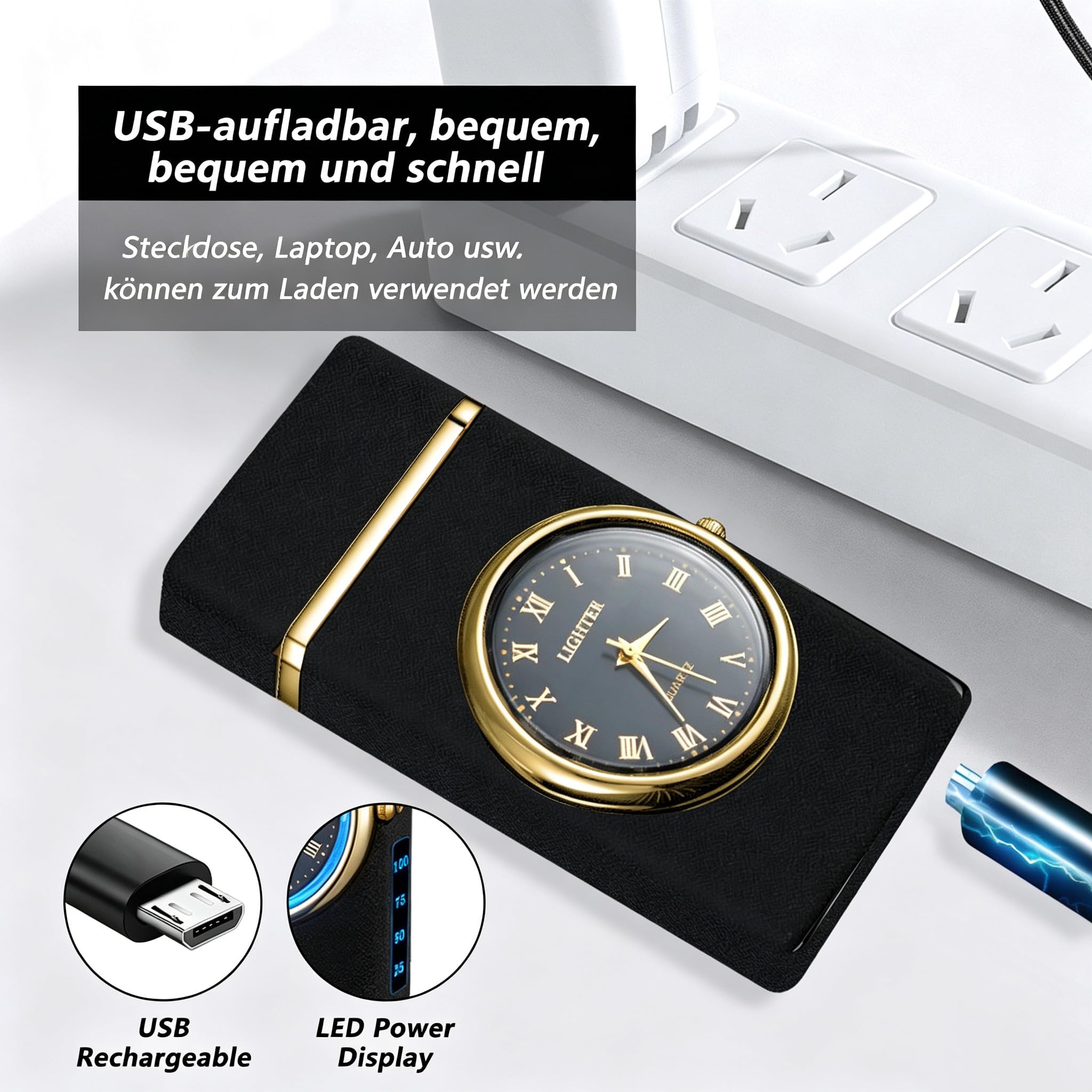 Mechero eléctrico USB C recargable, con indicador de potencia LED y linterna, para camping, barbacoa y pesca (espejo, negro mate)