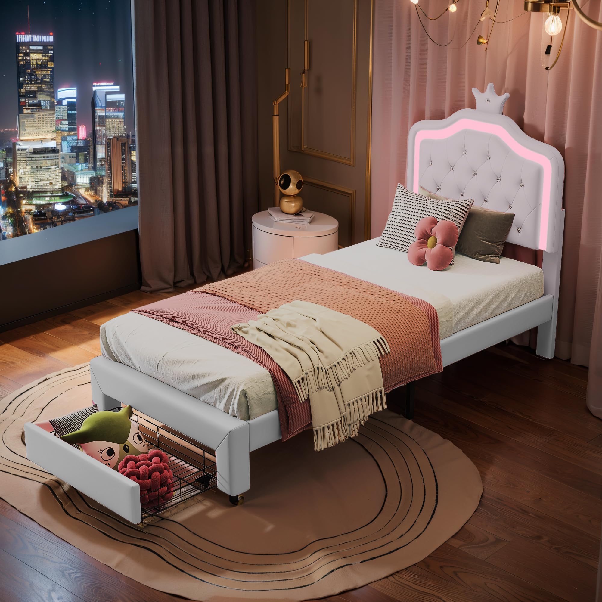 Cama Infantil 90x200 cm, Cama de Princesa con cabecero LED Corona, Camas Individuales Acolchadas con Somier de Láminas, Estructura de Cama para Niña con cajón, Camas de 1 Plaza para Niña