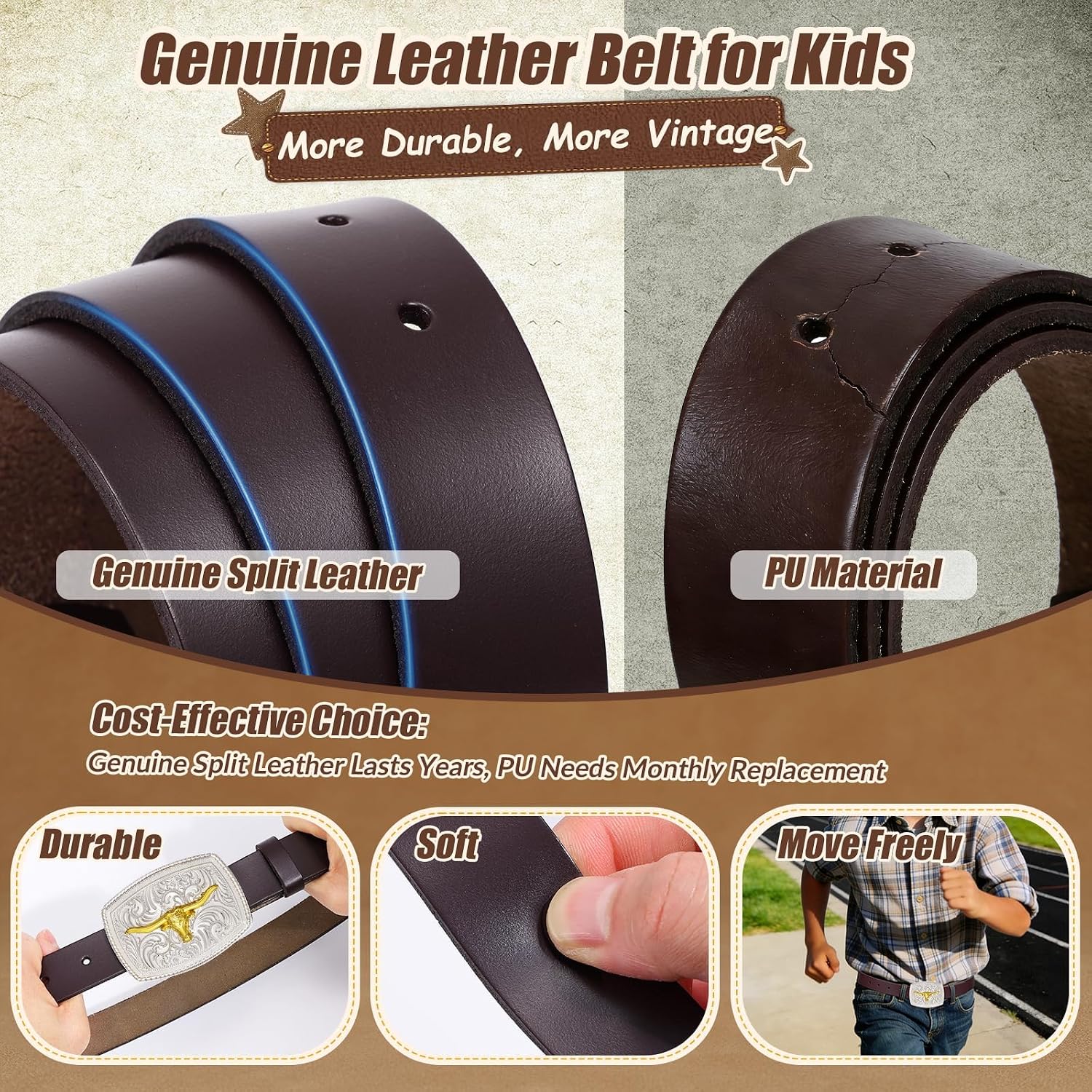 Kids Western Belt, Boys Girls Cowboy Belt for Kids with Detachable Square Buckle and Genuine Leather for Jeans Gifts