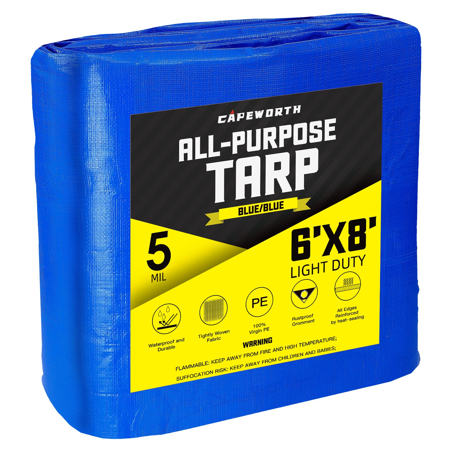 CAPEWORTH Tarps Blue 6X8ft 5Mil, Tarp Cover, Blanket, Waterproof, UV Resistant, Rip and Tear Proof, Poly Tarpaulin with Reinforced Edges for Roof, Camping Patio Pool Cover Boat