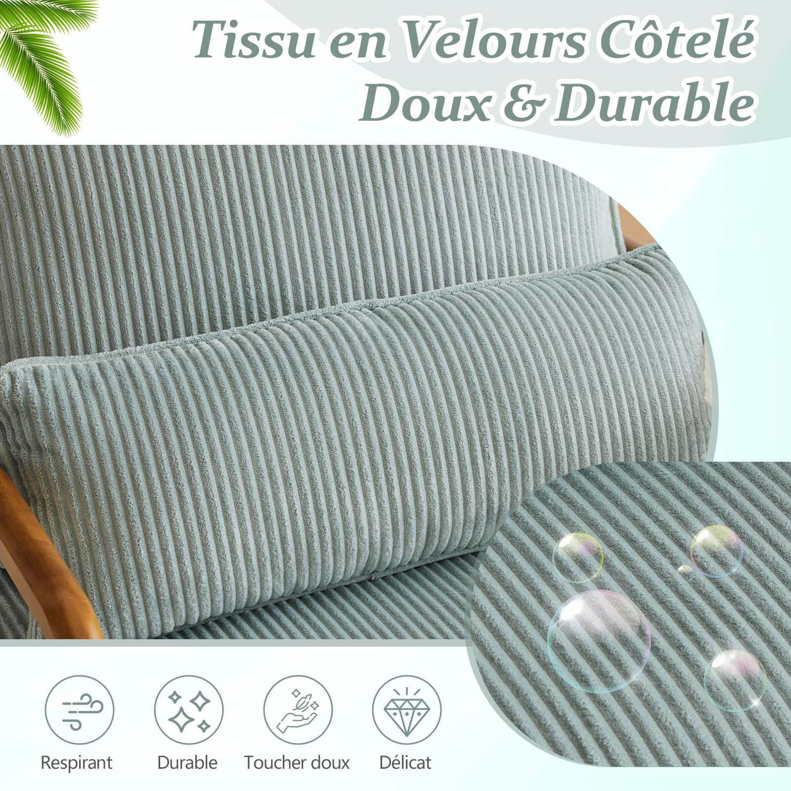 Bonnlo Poltrona Salotto in Legno e Velluto a Coste 65 x 82 x 75cm, Poltroncina Camera da Letto con Braccioli Curvi e Cuscino Lombare, Lounge Chair Design da Lettura e Soggiorno (Azzurro Grigio)