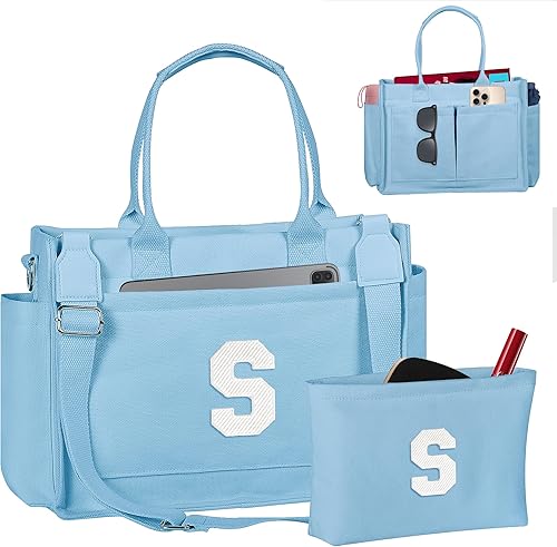 Miniatura 209 de Easter Basket Stuffers, Initial Tote Bag with Makeup Bag, Birthday Gifts for Women, Teen Girl Gifts Trendy Stuff Beige,Negro