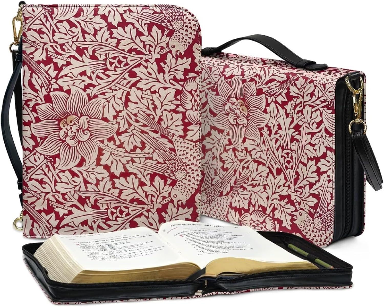 Bible Cover Case for Women, Work of William Morris Printed PU Leather Bible Case with Shoulder Strap and Handle, Bible Bag with Zipper, Built-in Pocket Bookmark Ribbon Pen Slot Red Size XL