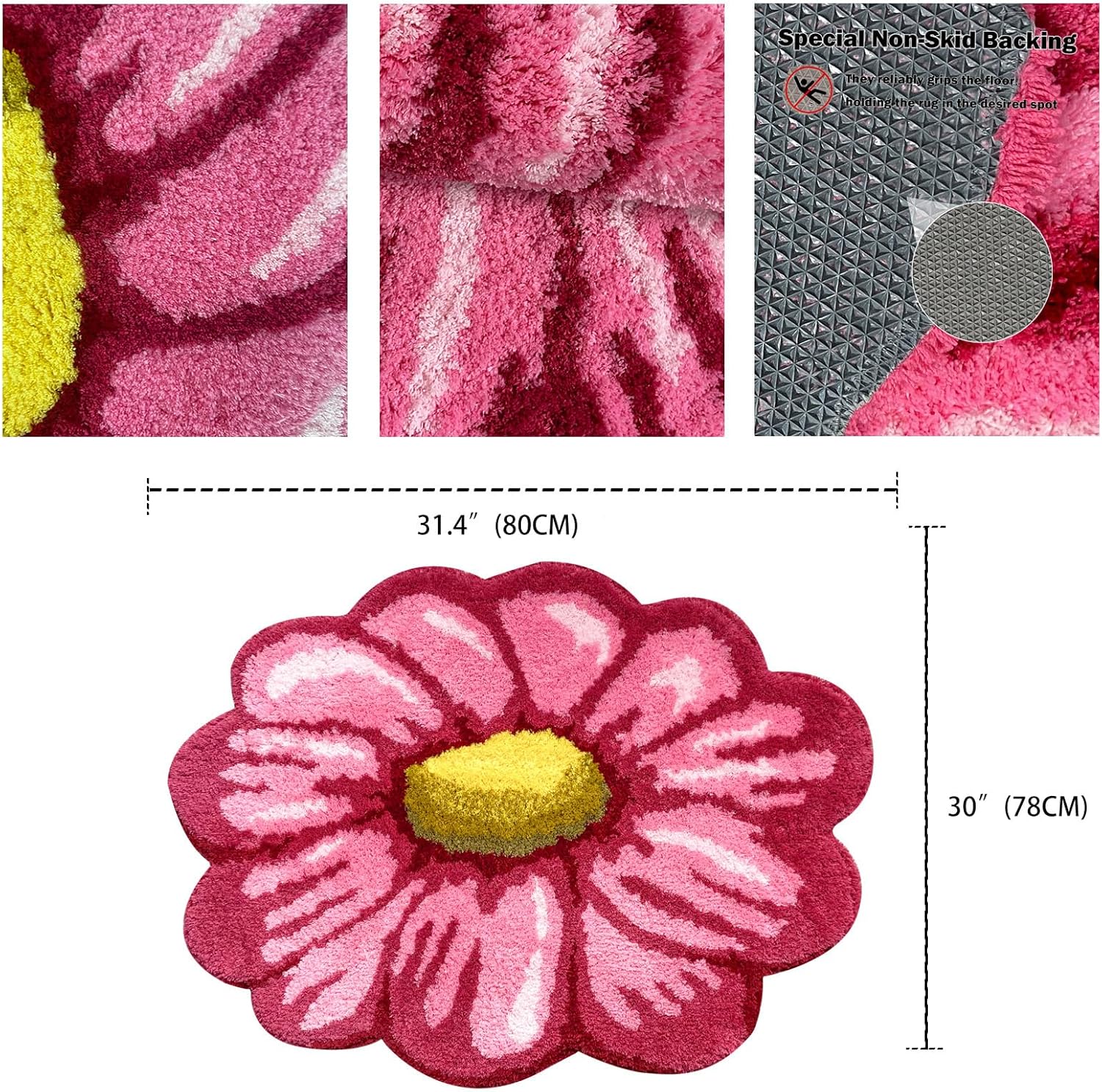 ABREEZE Pink Daisy Rug Plush Rug Bath Mat Shaggy Door Mat Water Absorbent Rose Floral Mats Anti-Slip(Non-Slip) Modern Carpet Washable Floor Mats for Bedroom/Sofa/Bathroom