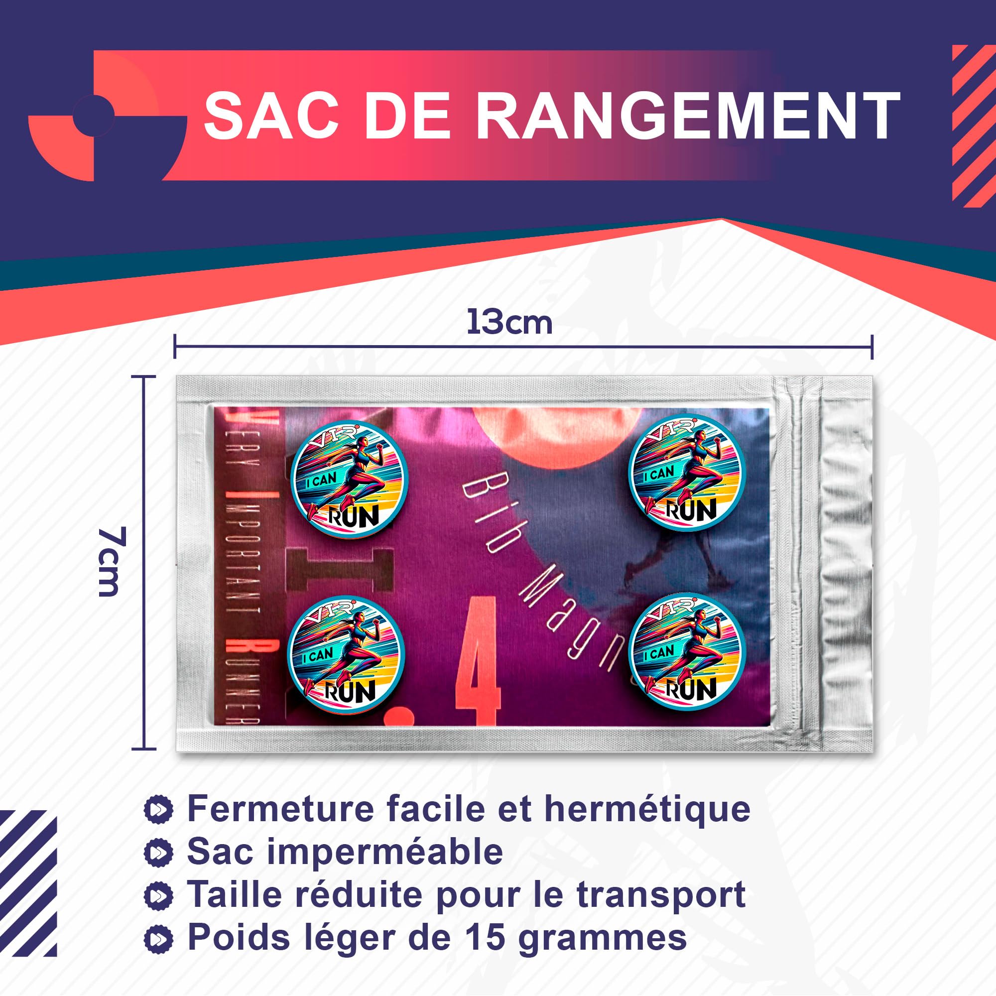 Porte-dossard Aimant Running - Pack 4 Aimants Dossards Triathlon, Fixation Haute Résistance, Porte Dossard Trail, Running Femme Accessoire avec Designs (I Can Run)