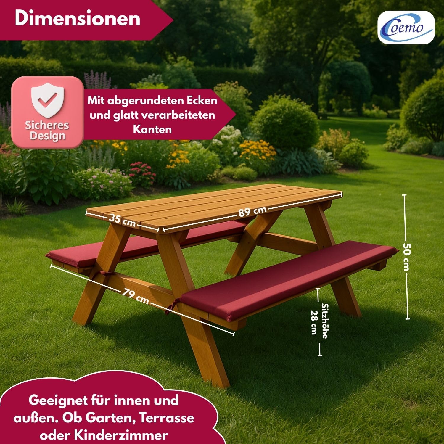 Coemo Robuste Kinder-Sitzgarnitur Outdoor mit 2 Polster Picknicktisch Kindersitzgruppe Kindertisch für Garten und Balkon Spieltisch Gartentisch Holz (Rotbraun, 89x79x50cm)