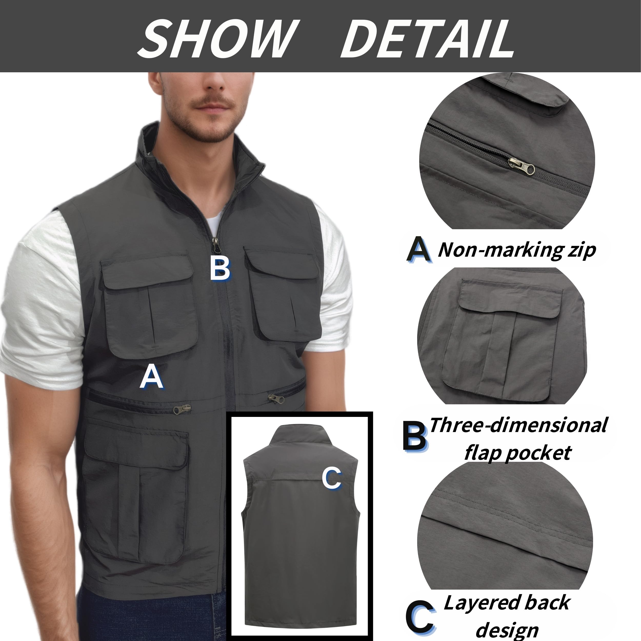 Hommes Gilet de Plein Air Multi-Poches Gilet Léger pêche Veste Respirant à Séchage Rapide Sport Gilet Sans Manches Loisirs Gilet Chasse Voyage Camping Photographie