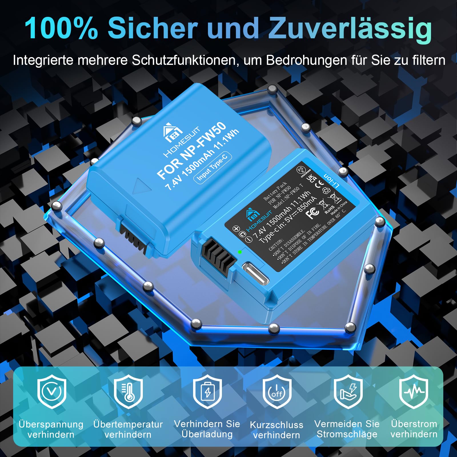 Homesuit NP-FW50 Akku 1500mAh & 2-in-1 Typ-C Ladekabel für Sony A6500 A6400 A6300 A6000 A5000 A5100 zv-e10 A7 A7II A7R A7RII A7SII A7S A7R A7R2 A55 RX10 RX10II NEX-3/5/7 Kamera (2er-Pack)