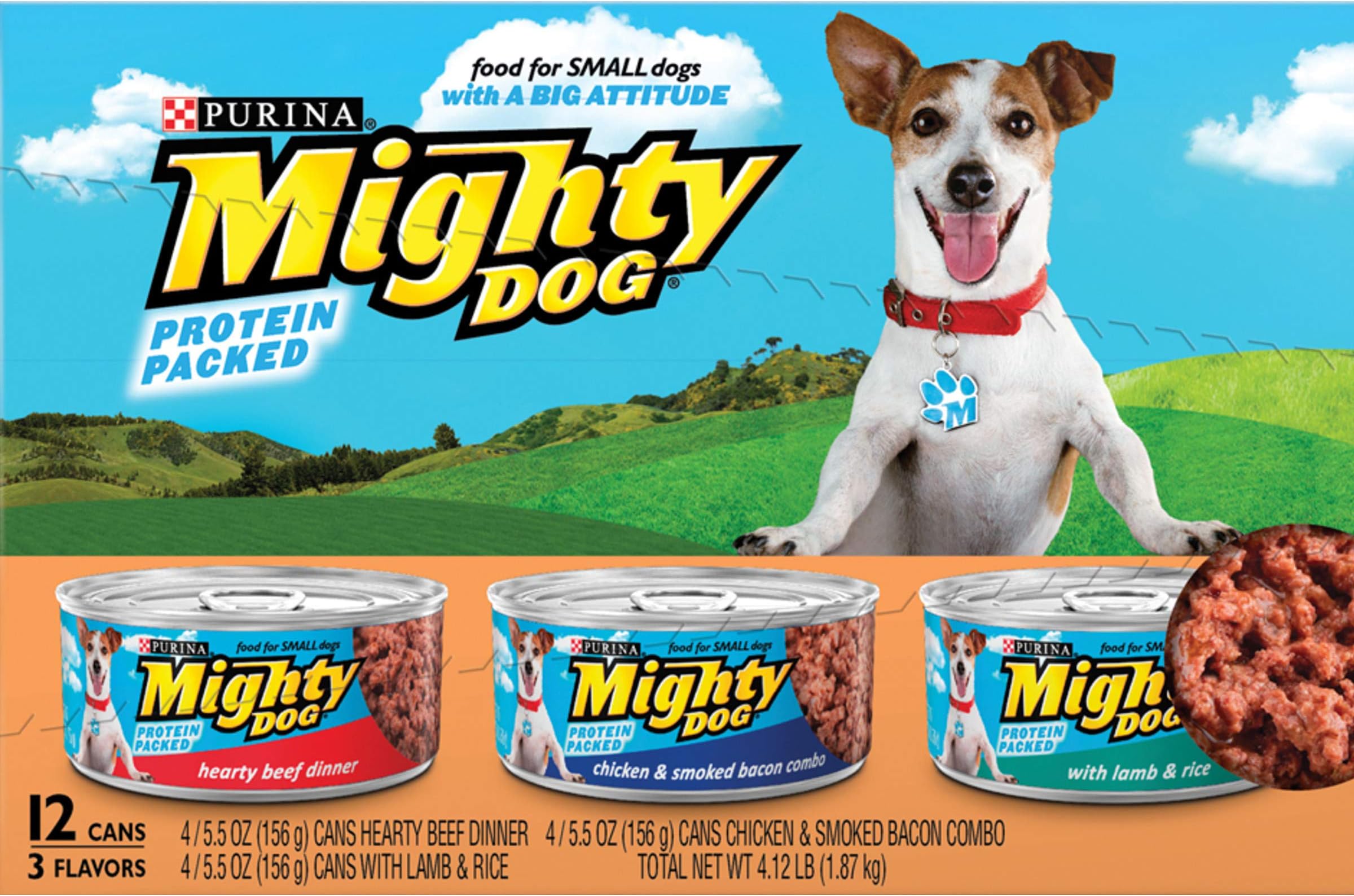 Purina Mighty Dog Small Breed Wet Dog Food Variety Pack, Hearty Beef, Smoked Chicken & Bacon Combo, Lamb & Rice - (2 Packs of 12) 5.5 oz. Cans