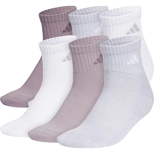 adidas Athletic Cushioned 6-Pack Quarter | 6-Pack, Targeted Cushioning, Arch Support, Breathable Moisture-Wicking, Reinforced Heel & Toe, All-Day Comfort