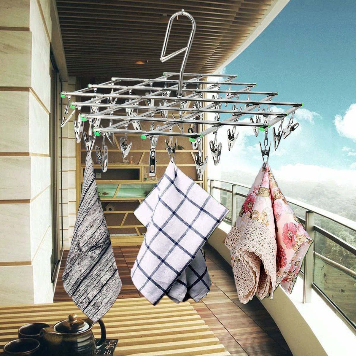 Stendino da appendere in acciaio INOX con 35 clip, per intimo e asciugamani, calze e altro.