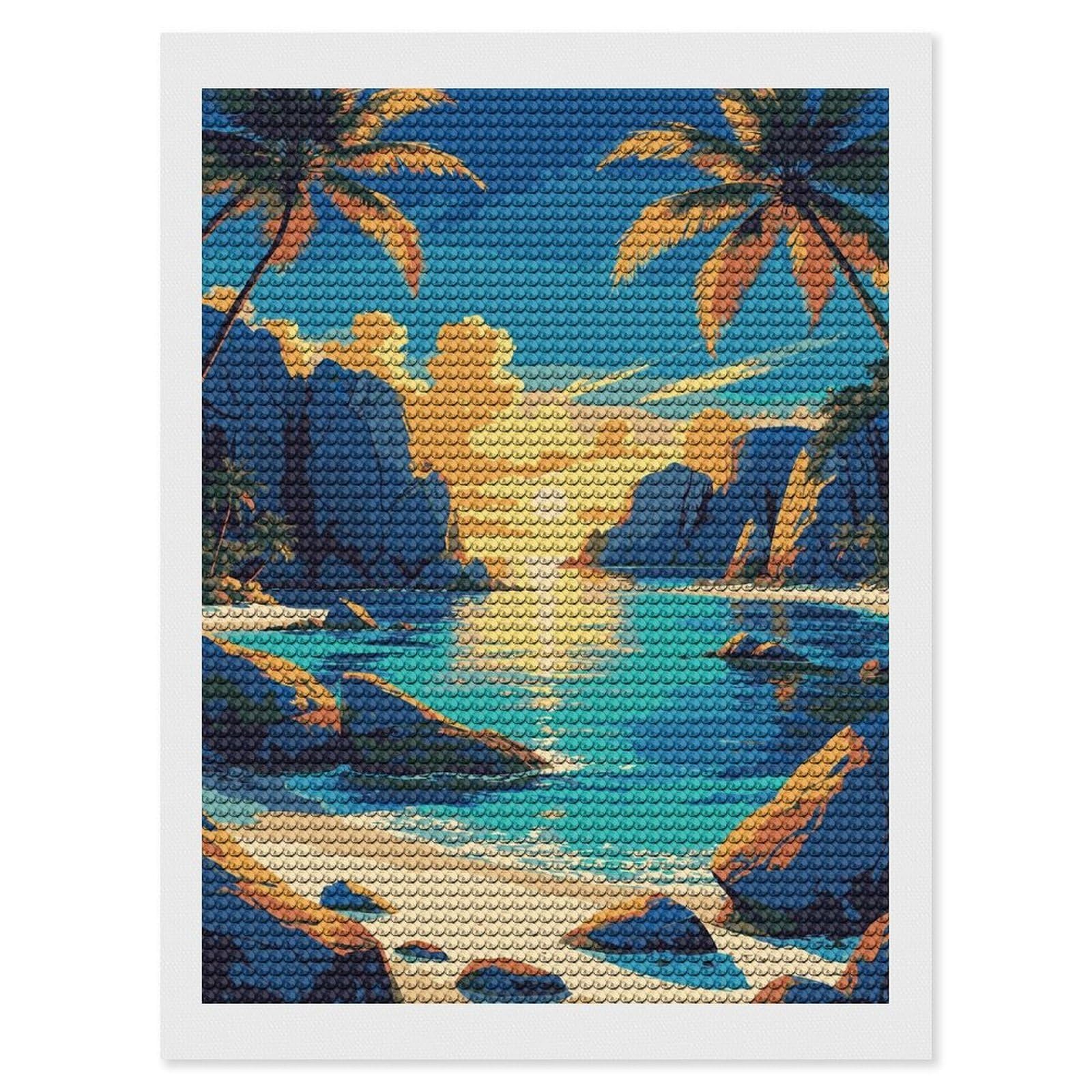 Junmoney Tropical Beach Sunset Illustration Diamond Painting Canvas Kit 12"x16", Round Gems, Living Room Decor, Seasonal Gift Choice, Modern Decor