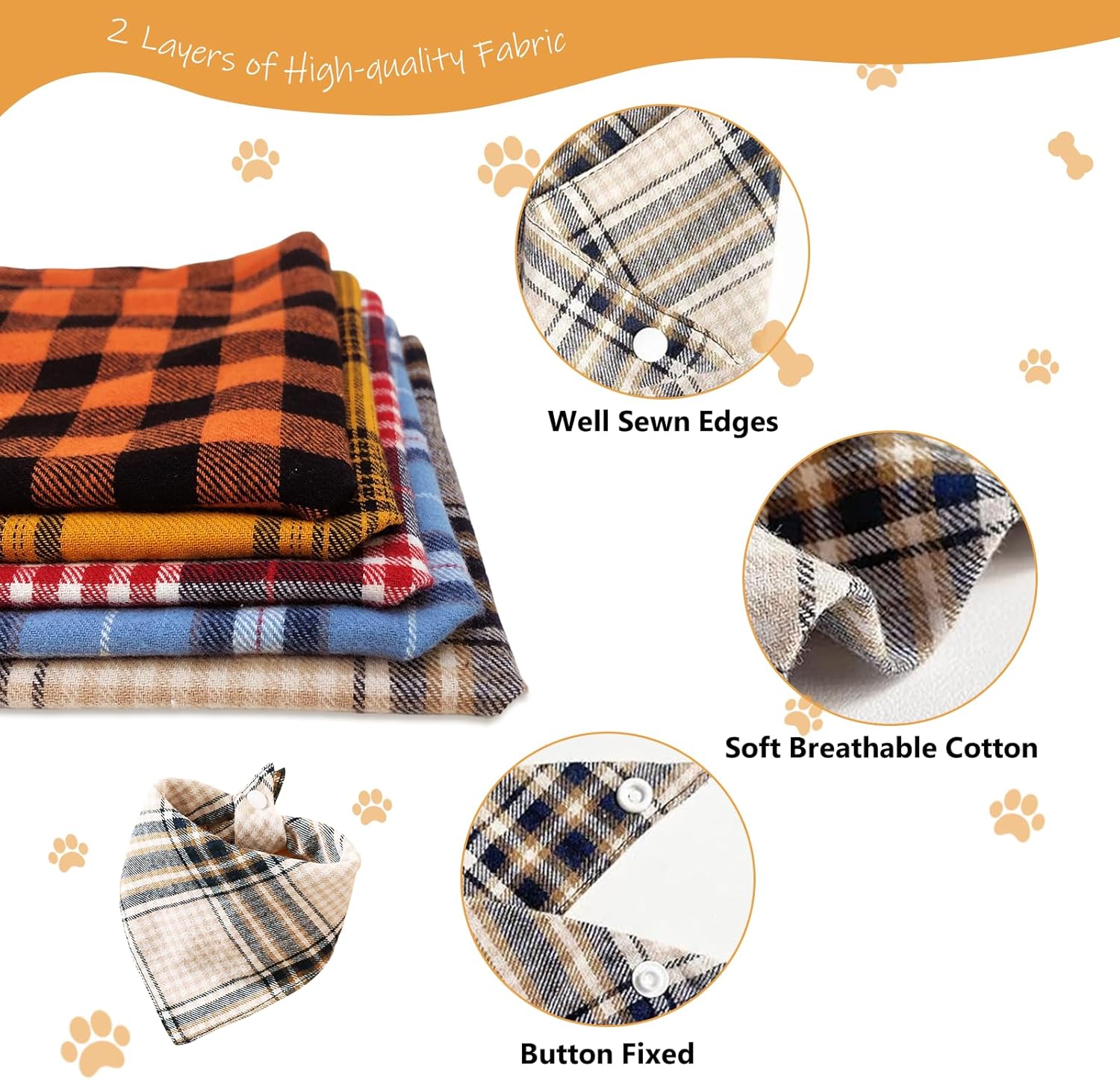 Beige & Navy Plaid Cotton Dog Bandana - Valentine Adjustable Triangular Scarf for Boys and Girls Pets, Soft & Stylish,Medium