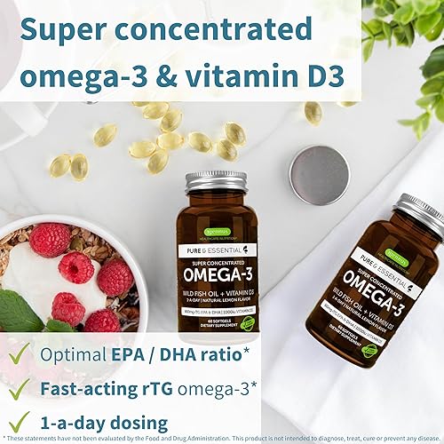 Miniatura 10 de Pure  Essential Omega-3 y D3 1000iu rTG de acción rápida apoyo para ojos función cardíaca y cerebro 1 a día aceite de pescado silvestre altamente